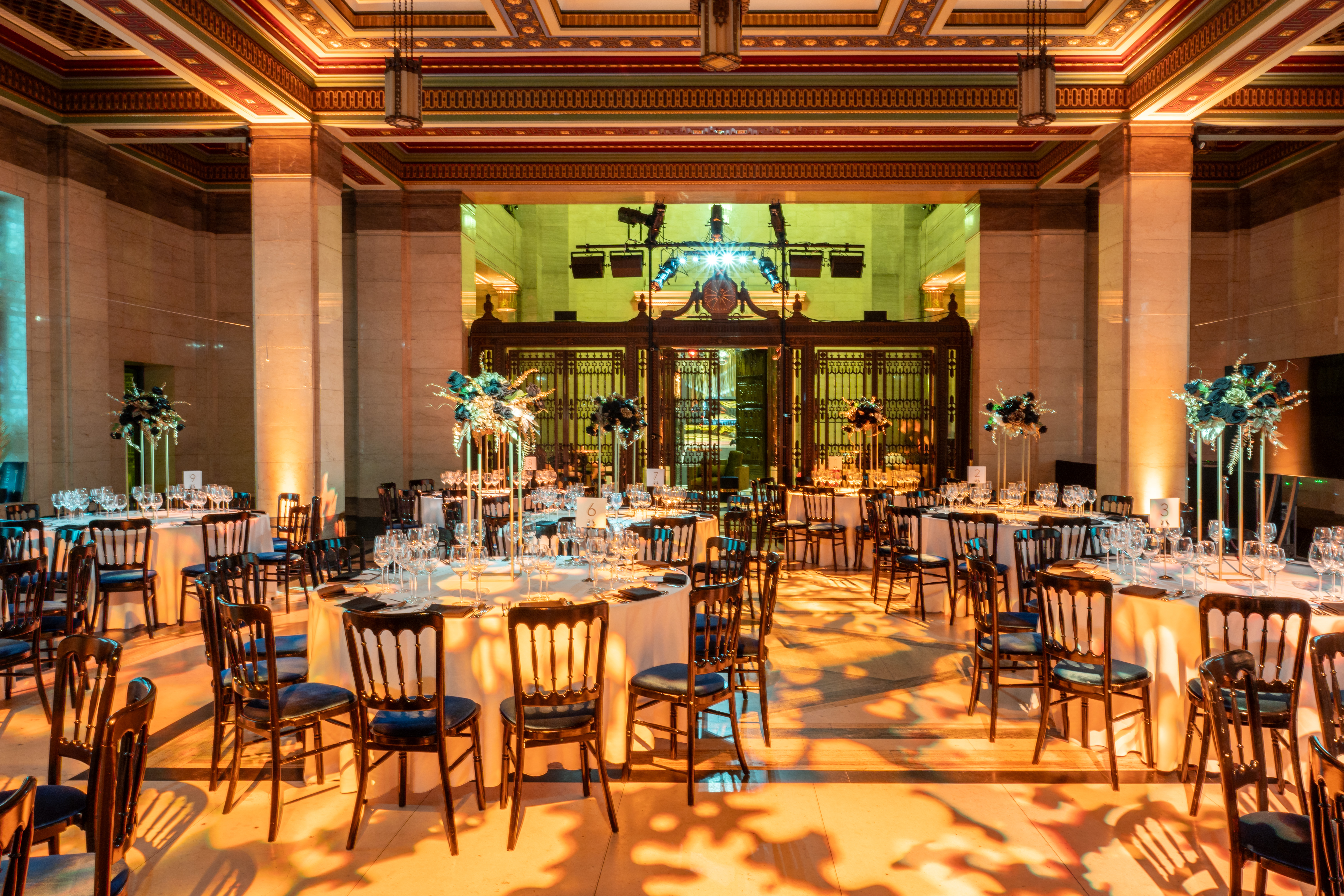 Elegant Long Room event space in London with luxurious decor for corporate events.