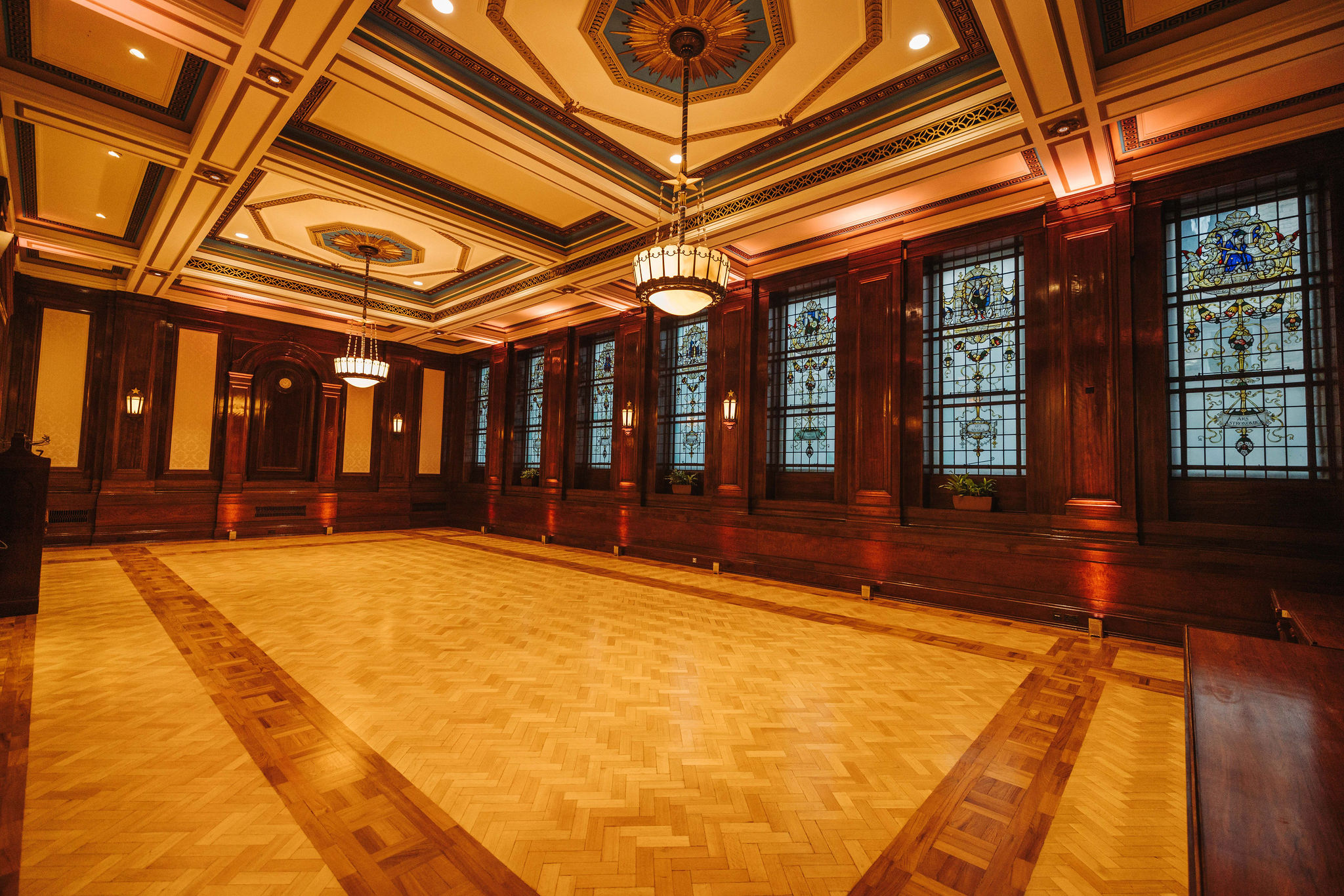 Elegant Old Boardroom with stained glass windows for upscale events and intimate meetings