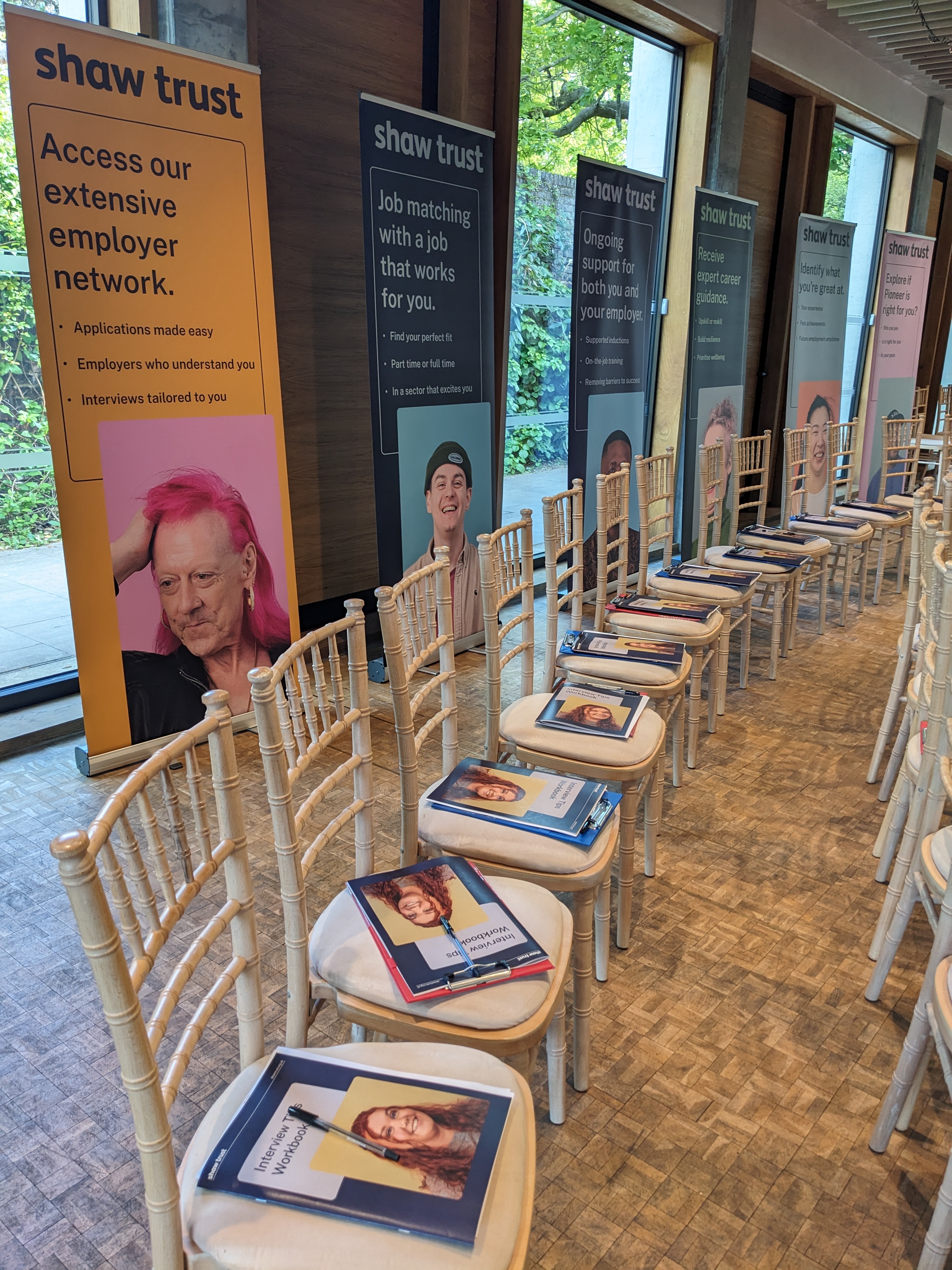 Soane's Garden Room event space with arranged chairs for job seeker networking.