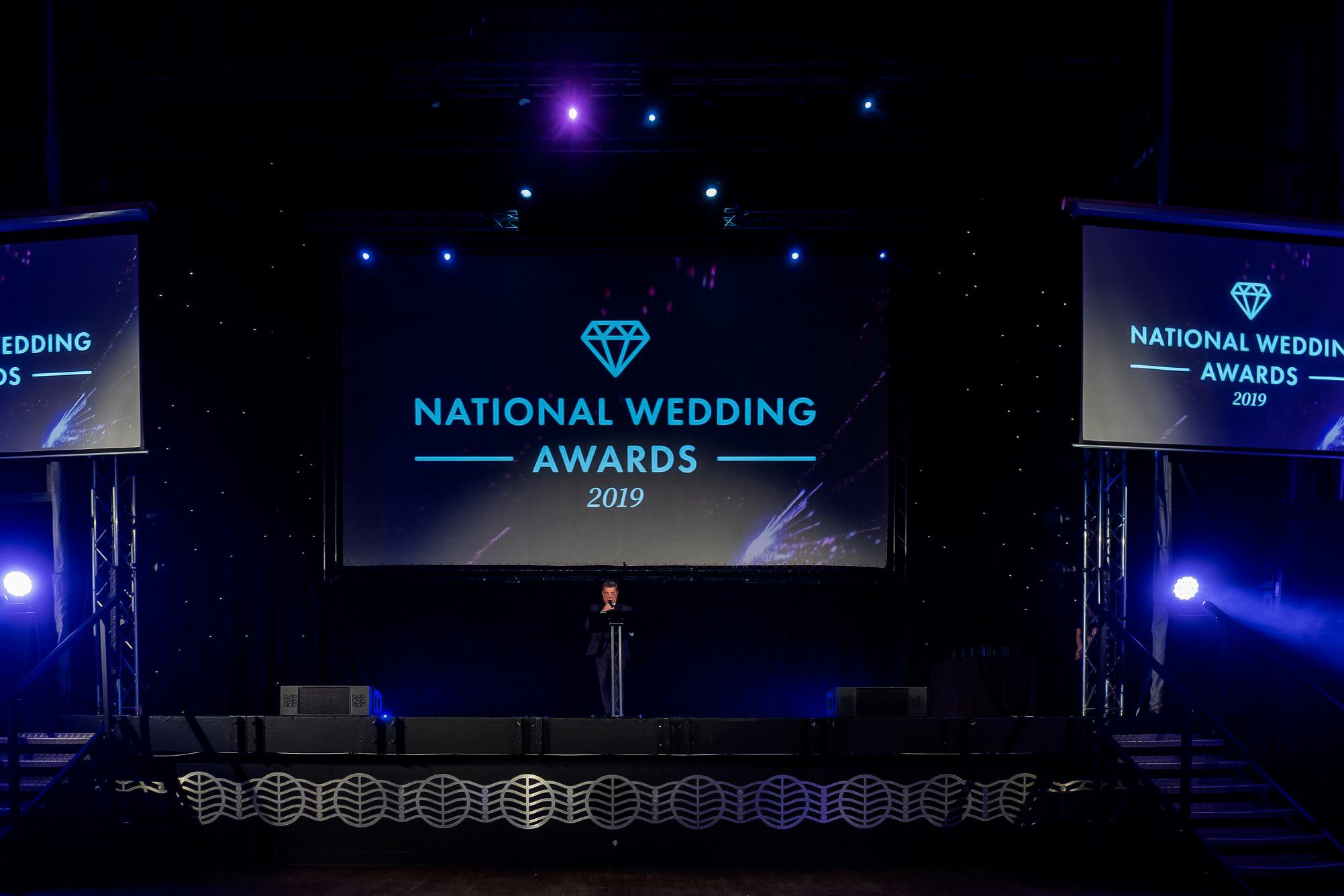 Whole Venue stage setup for National Wedding Awards 2019 with dynamic lighting.