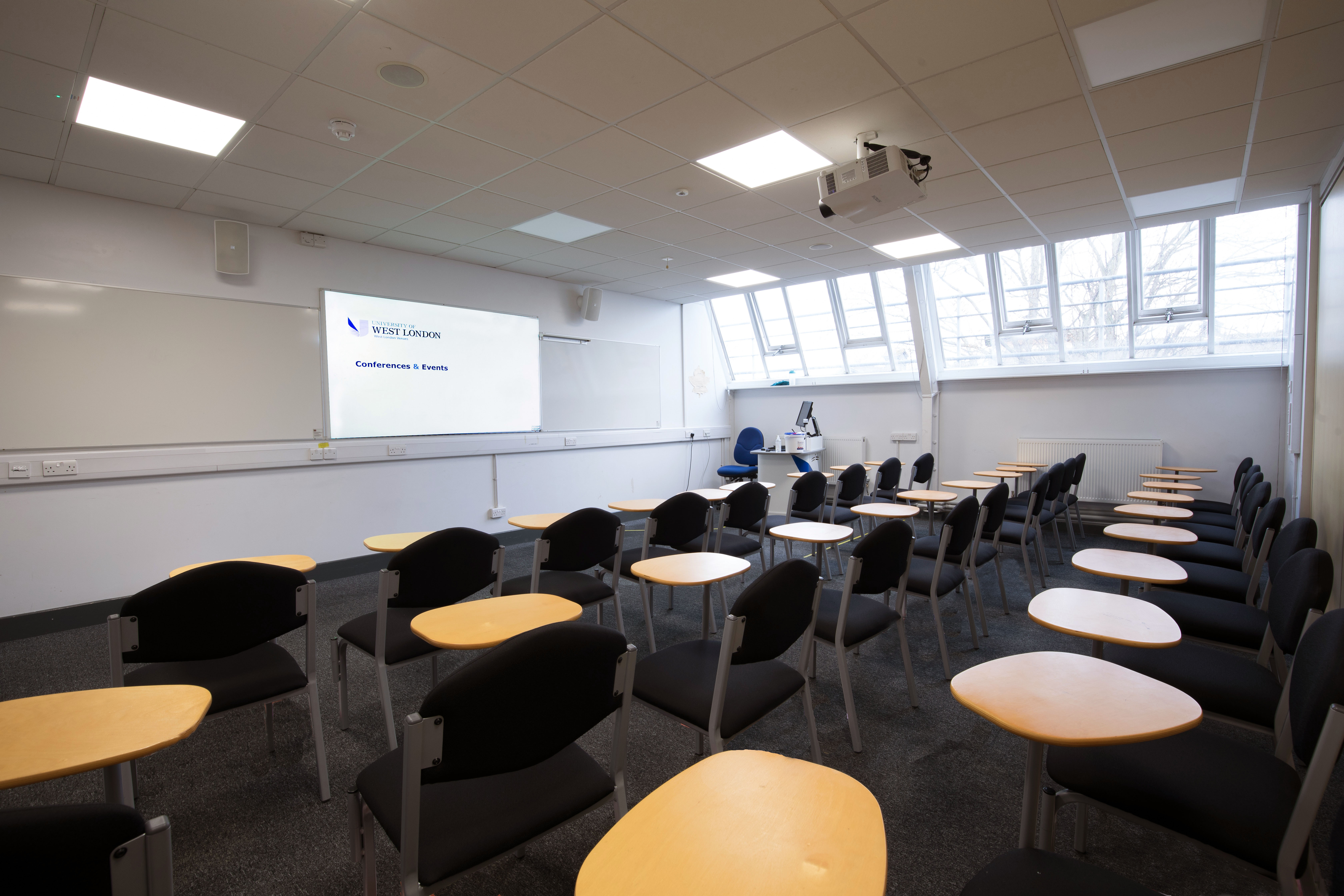 Modern classroom at University of West London, ideal for seminars and workshops.