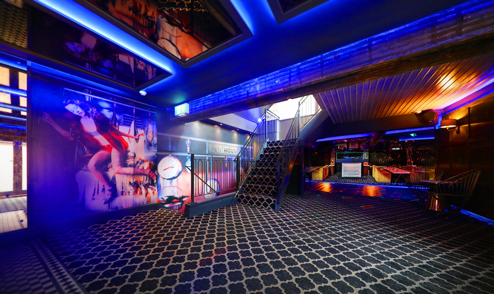 Penthouse in Fibre venue with neon lighting for corporate events and nightlife activations.
