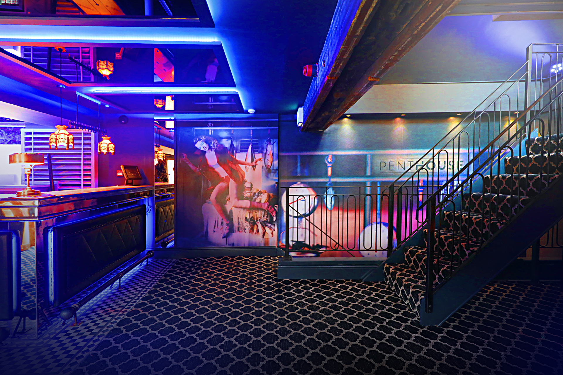 Penthouse in Fibre lounge with neon accents for VIP after-party or evening reception.