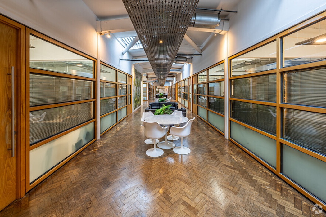 Minimalist tulip meeting set in industrial co-working space for networking and brainstorming.