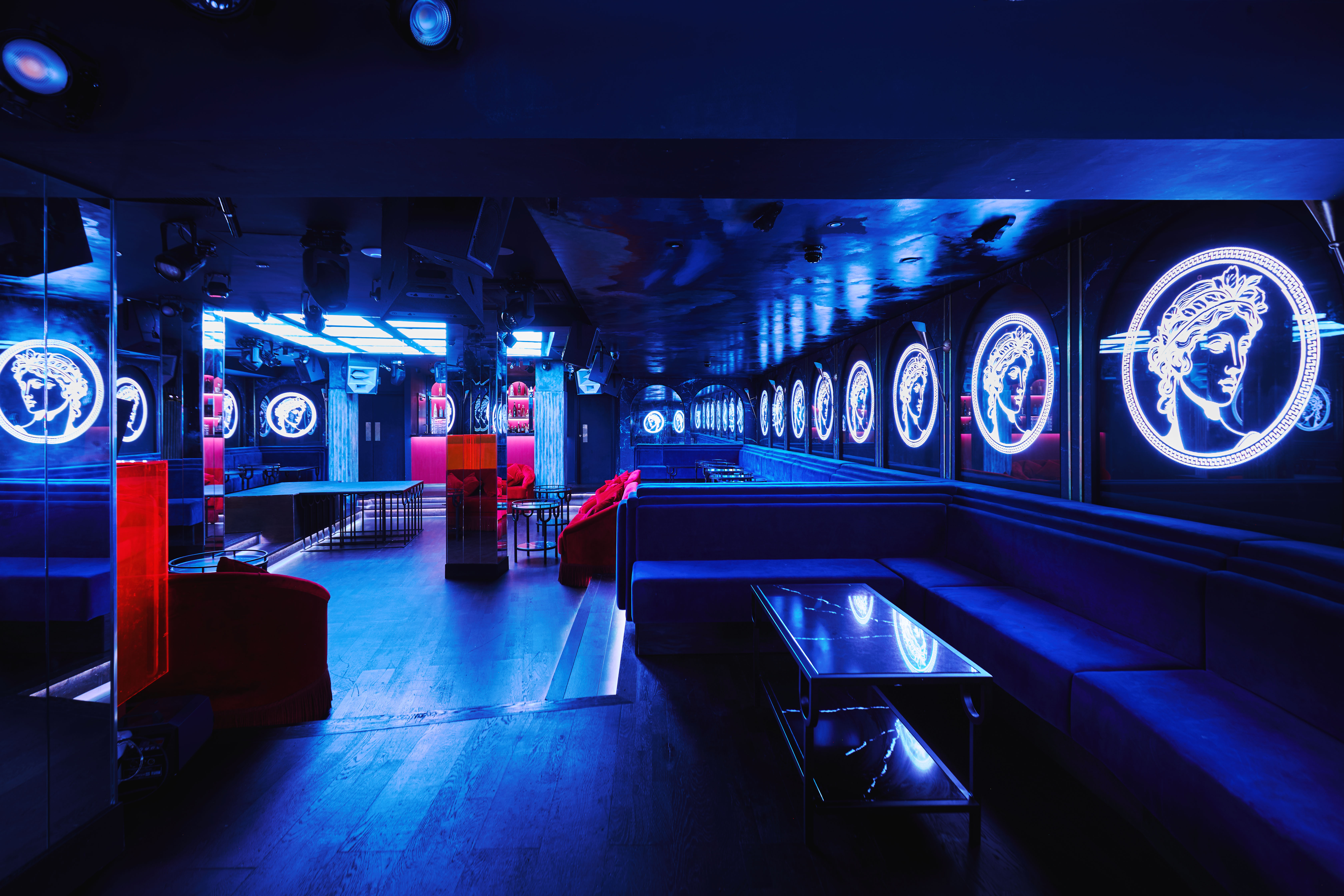 Selene London lounge with moody neon lighting for upscale VIP brand launch events.