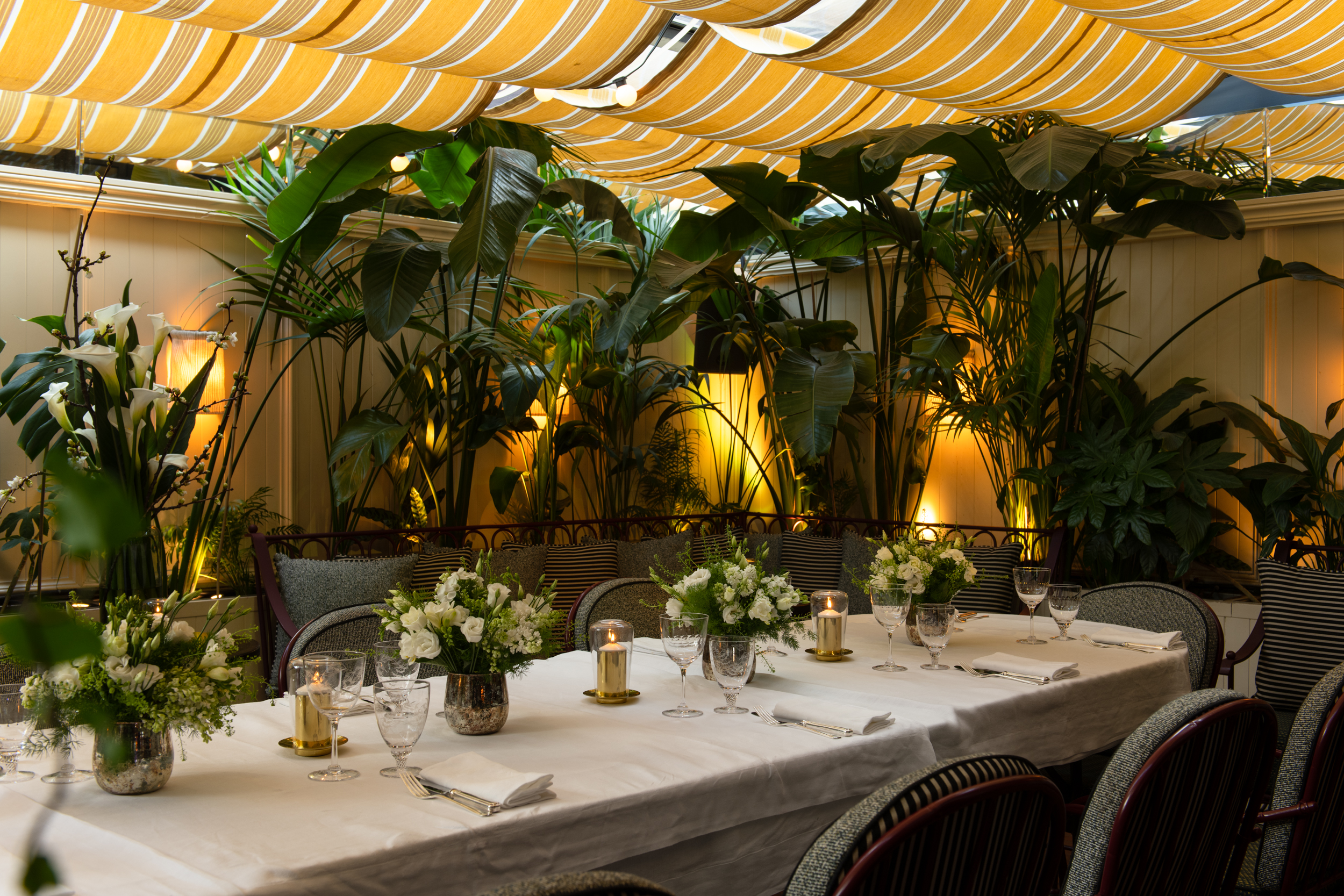 Elegant dining space with floral centerpieces for intimate events at House of Louie.