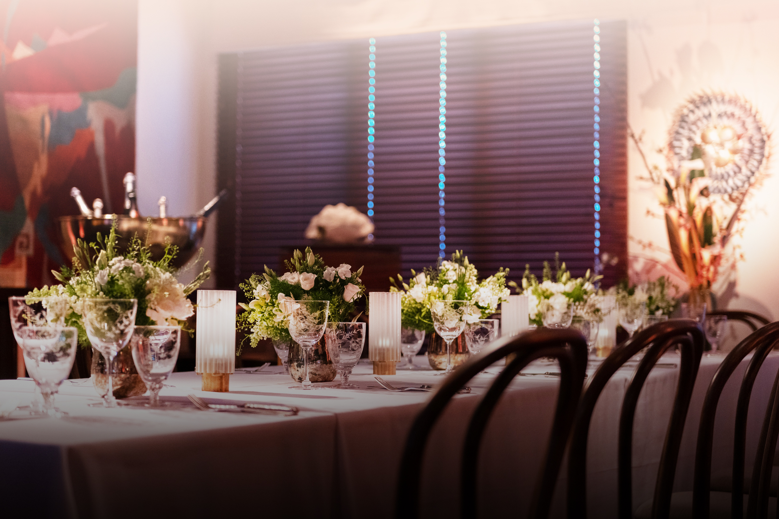 Elegant dining table at The Cabana in House of Louie for corporate dinners and celebrations.