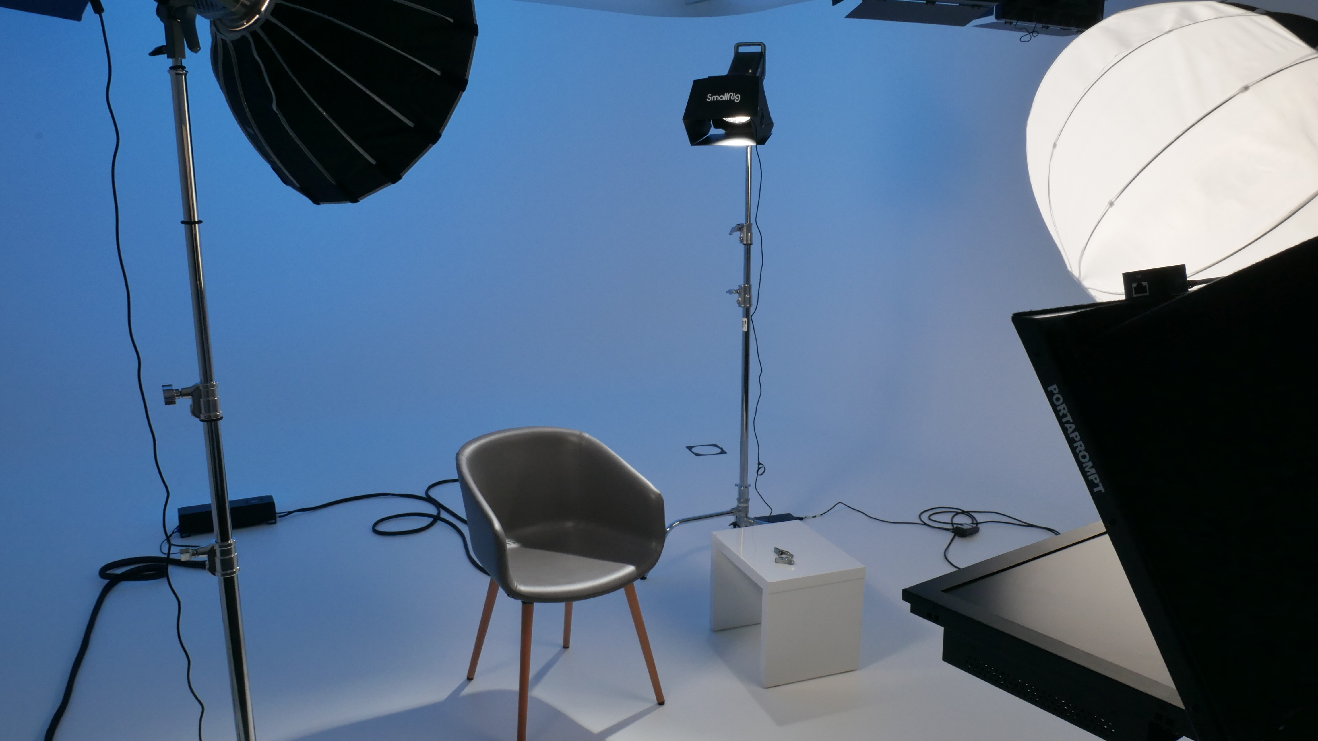 Digital studio setup with soft lighting for professional interviews and virtual events.