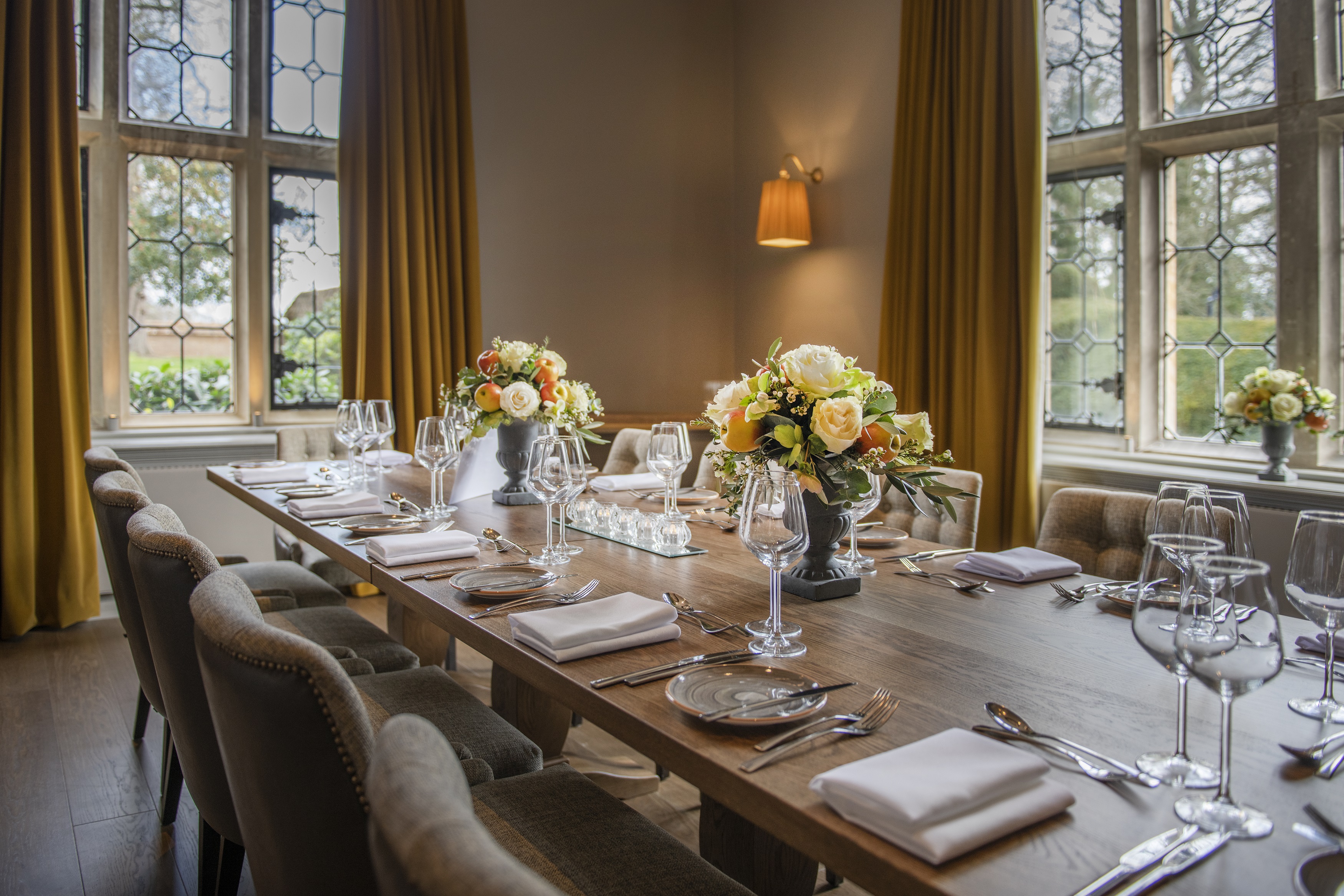 The Manor Library at Horwood House, elegant dining setup for corporate events.