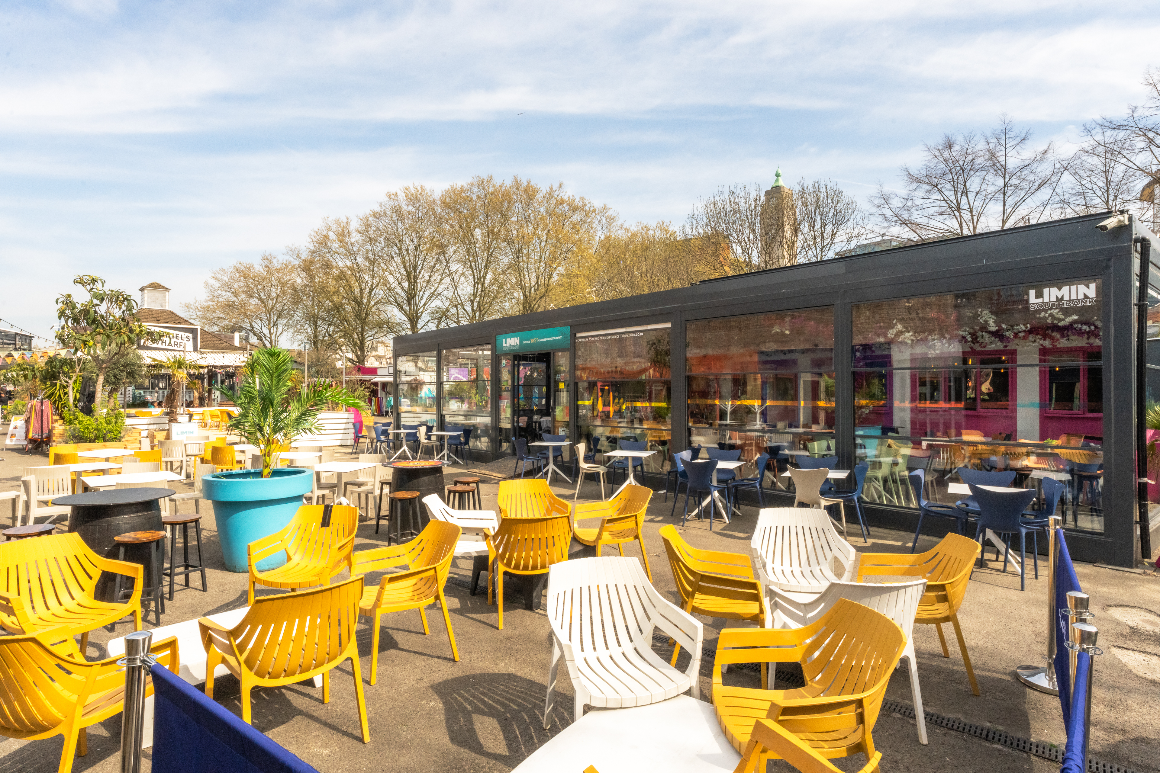 Outdoor venue with colorful seating for summer parties and networking events in Limin Southbank.