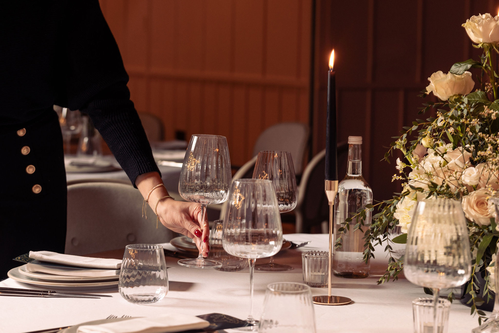 Elegant dining table setup with crystal glassware for upscale events at art'otel London.