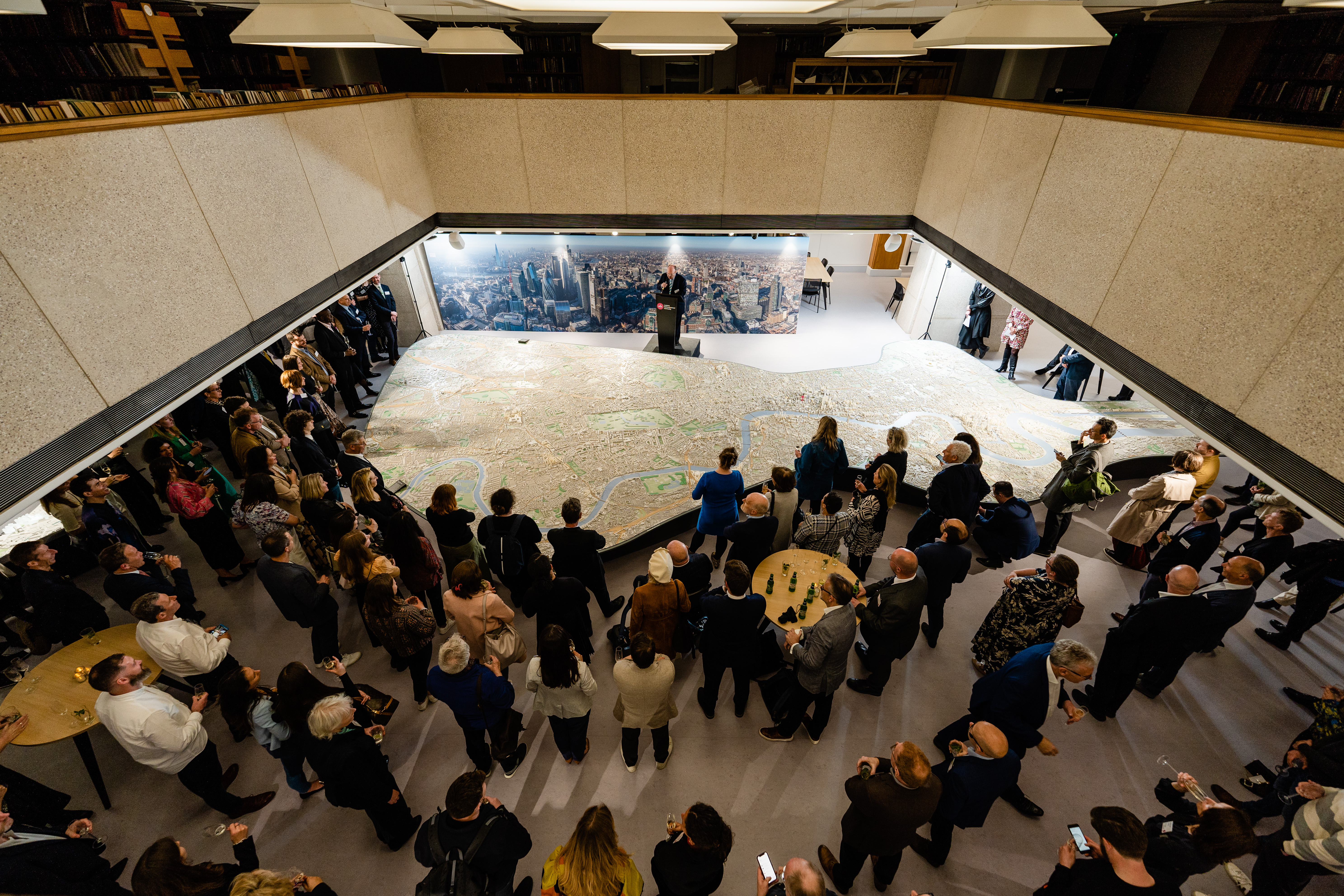 Networking reception at The London Centre featuring a massive floor map for corporate events.