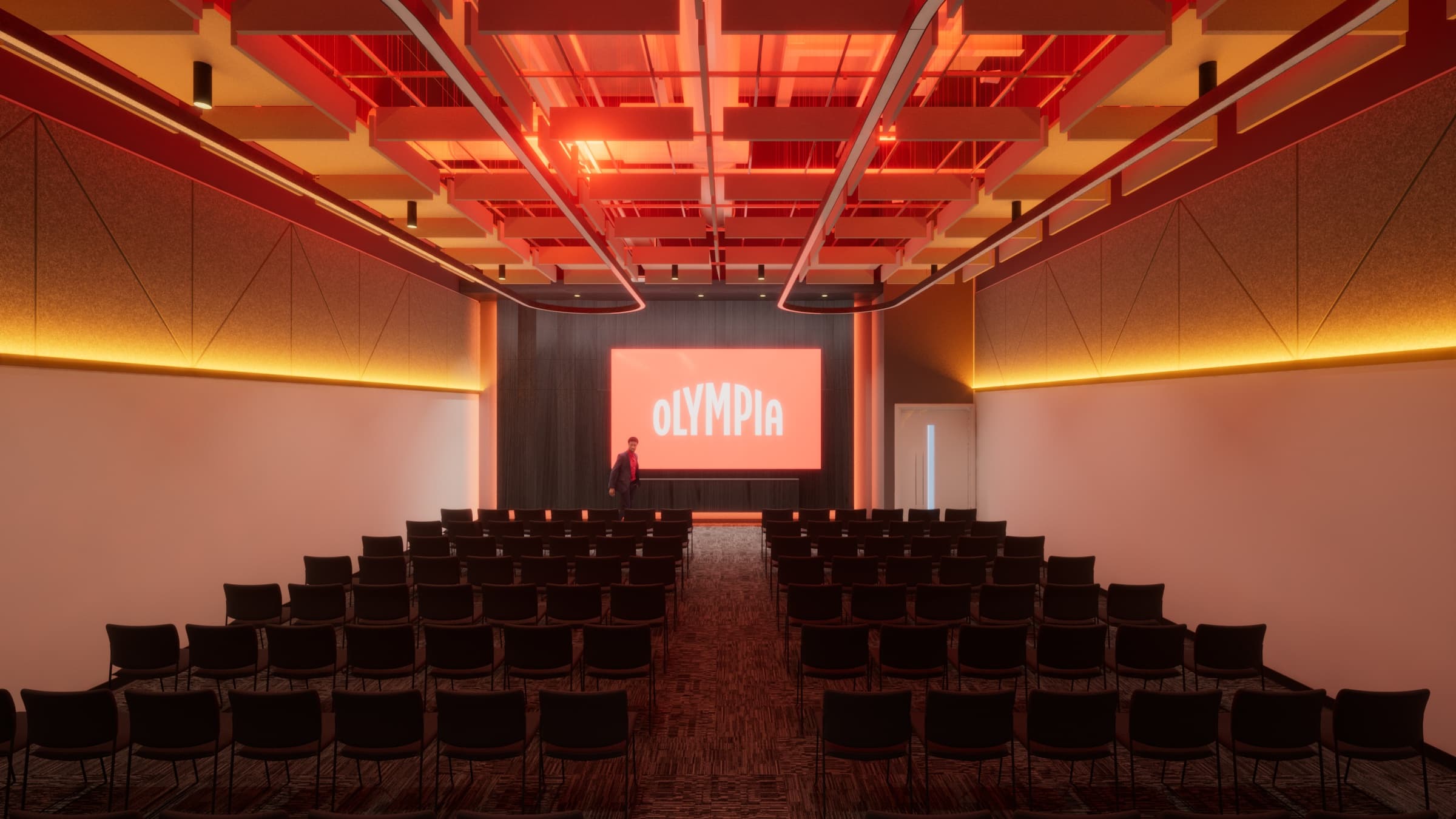 Modern breakout room at Olympia London for corporate seminars and keynote presentations.