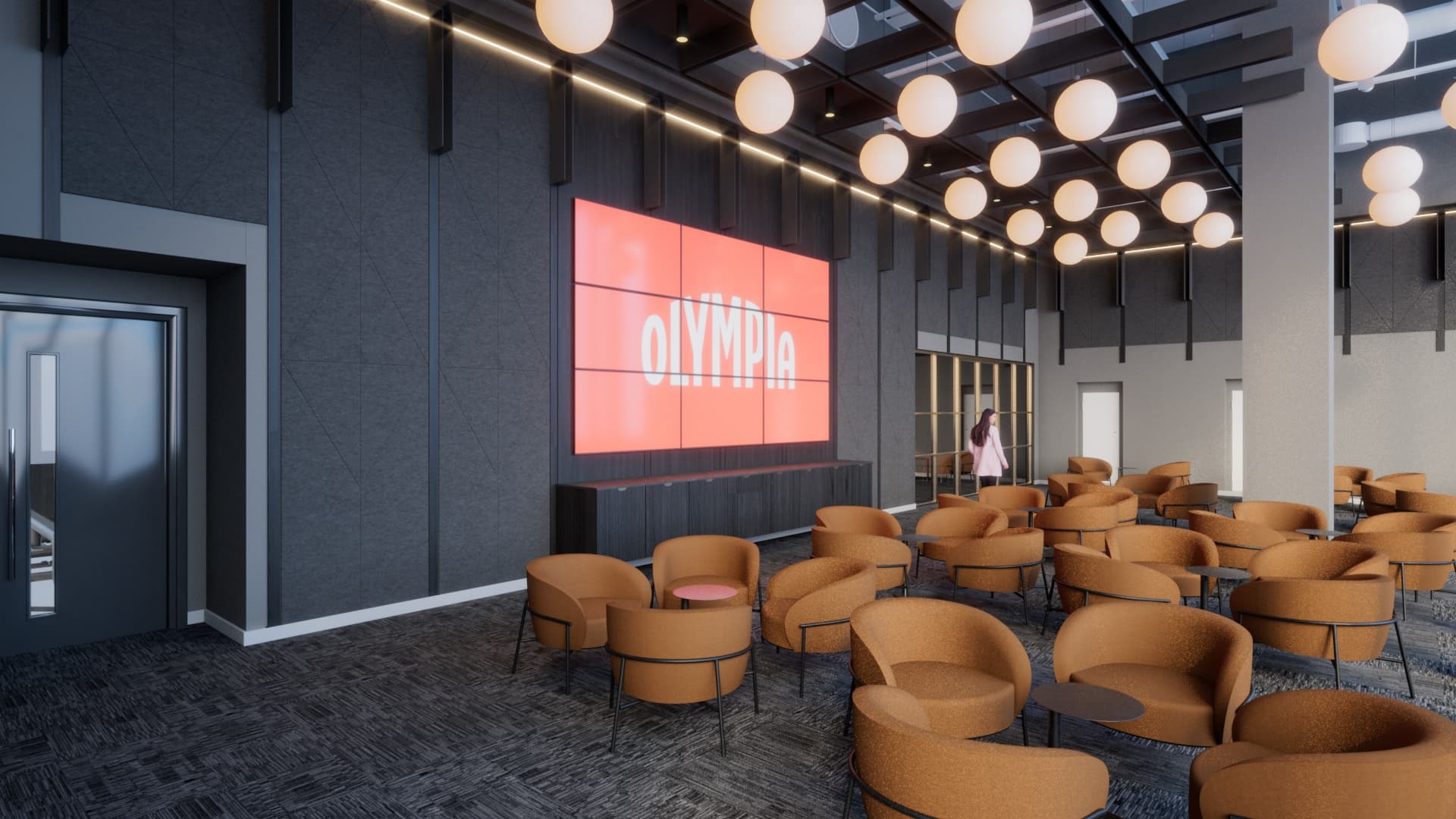 Modern breakout lounge with LED screen at Olympia International Convention Centre event.