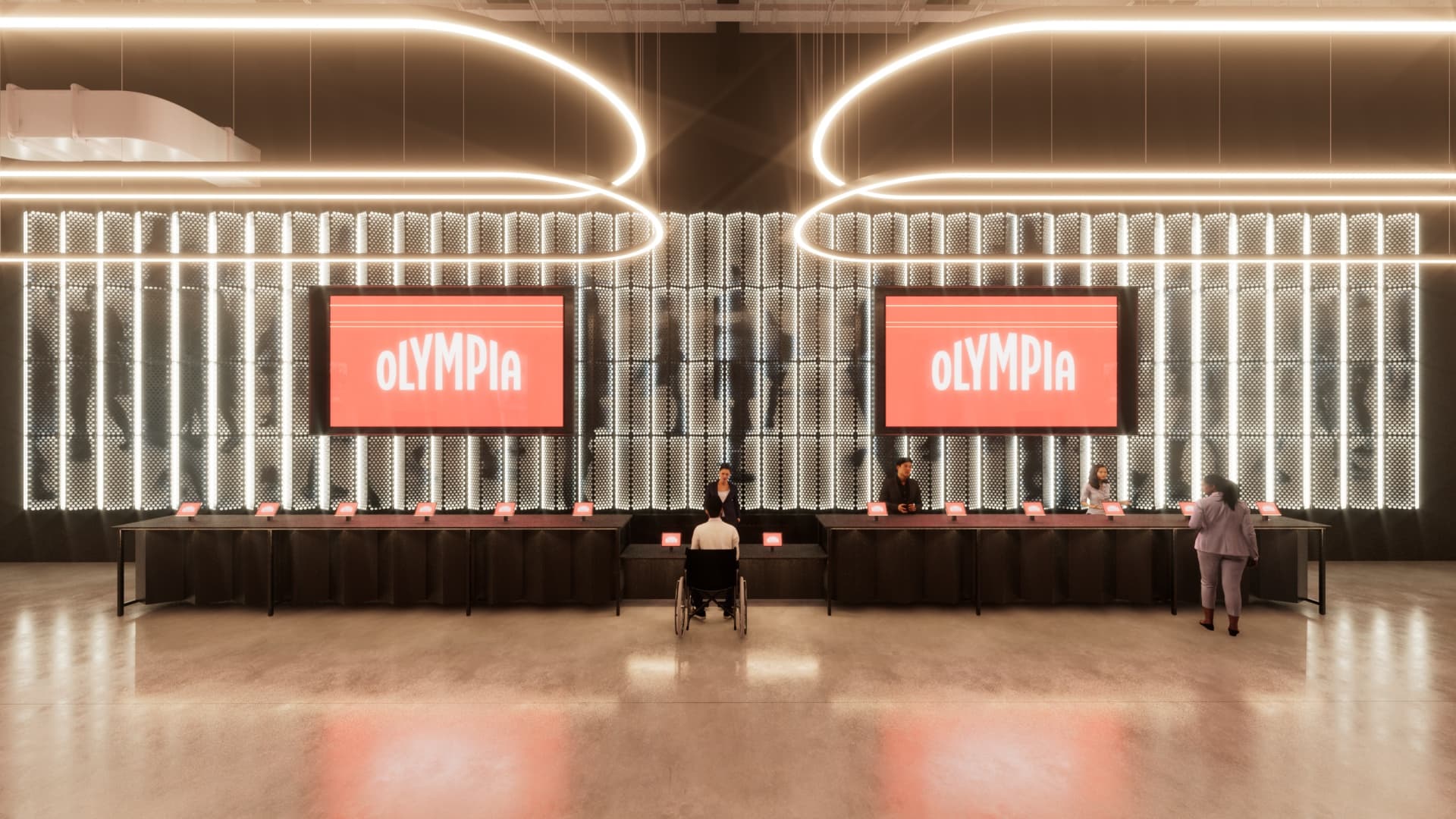 Modern registration counter at Olympia International Convention Centre for professional events.