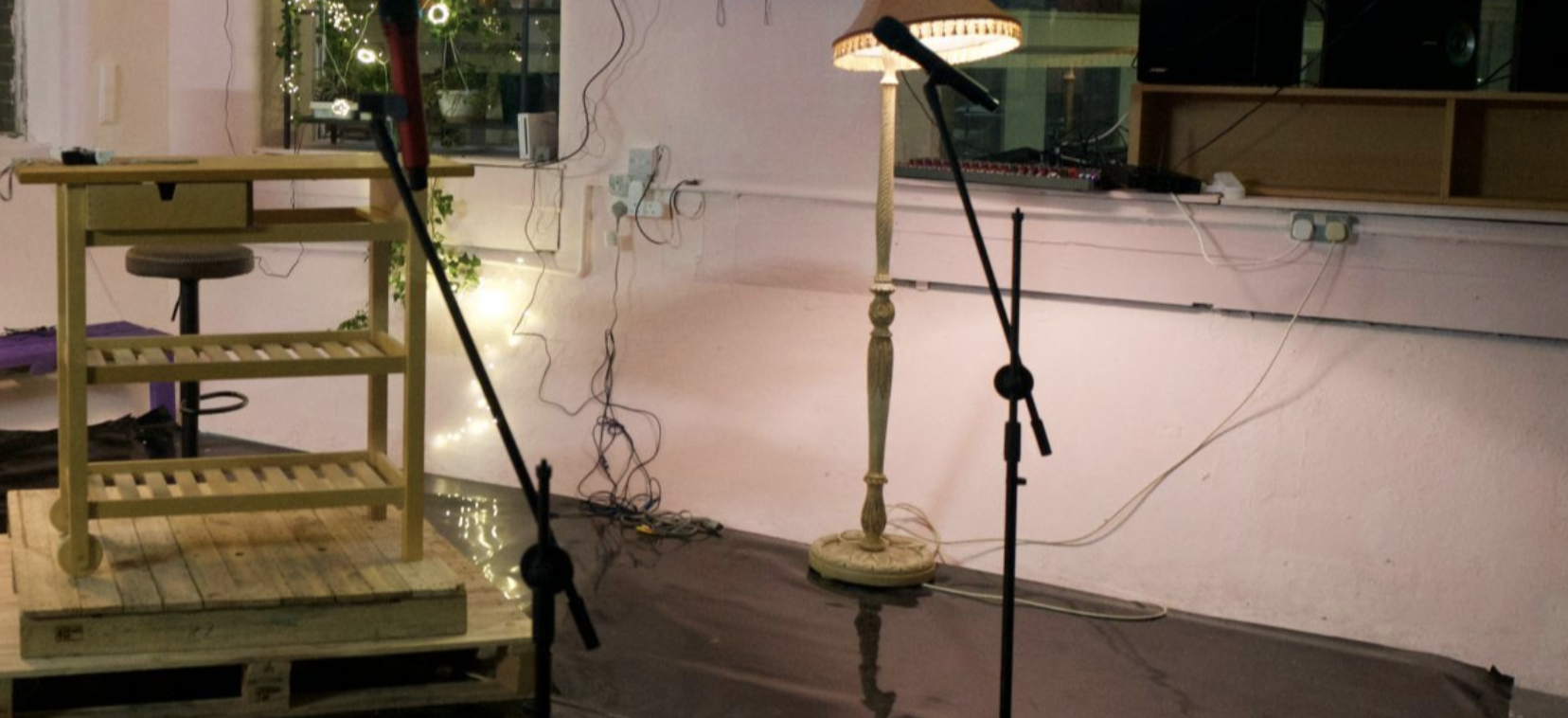 Shaes London event space with hazardous cable clutter and poor AV setup.