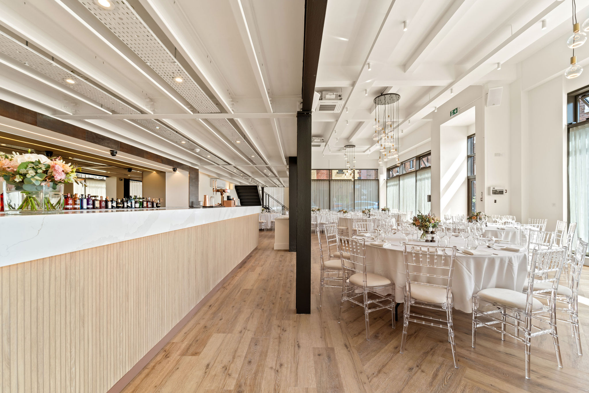 The Clubhouse at Ropewalks Hotel: sleek bar and formal banquet space for wedding or gala events.