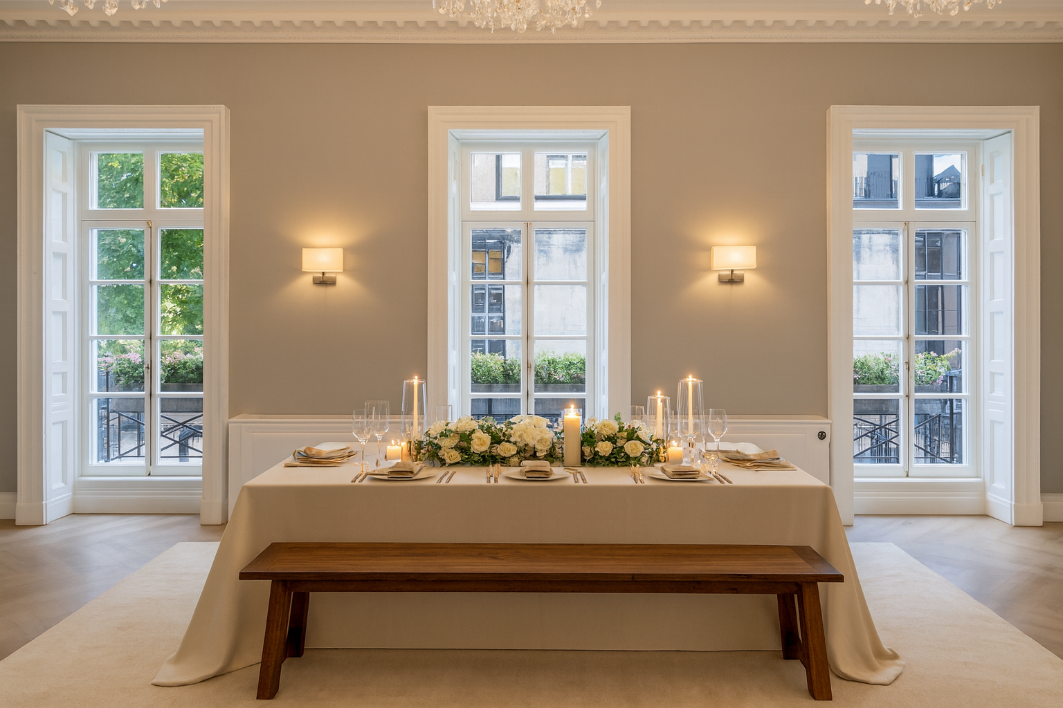 Elegant dining setup at 16 Curzon Street, perfect for micro-weddings and executive dinners.