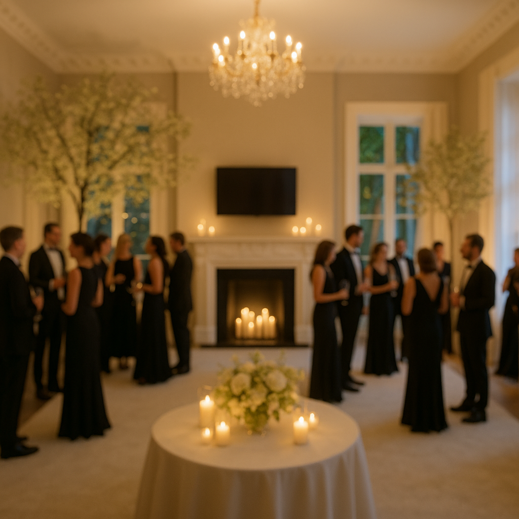 Black-tie networking event at 16 Curzon Street featuring ambient lighting and botanical decor.
