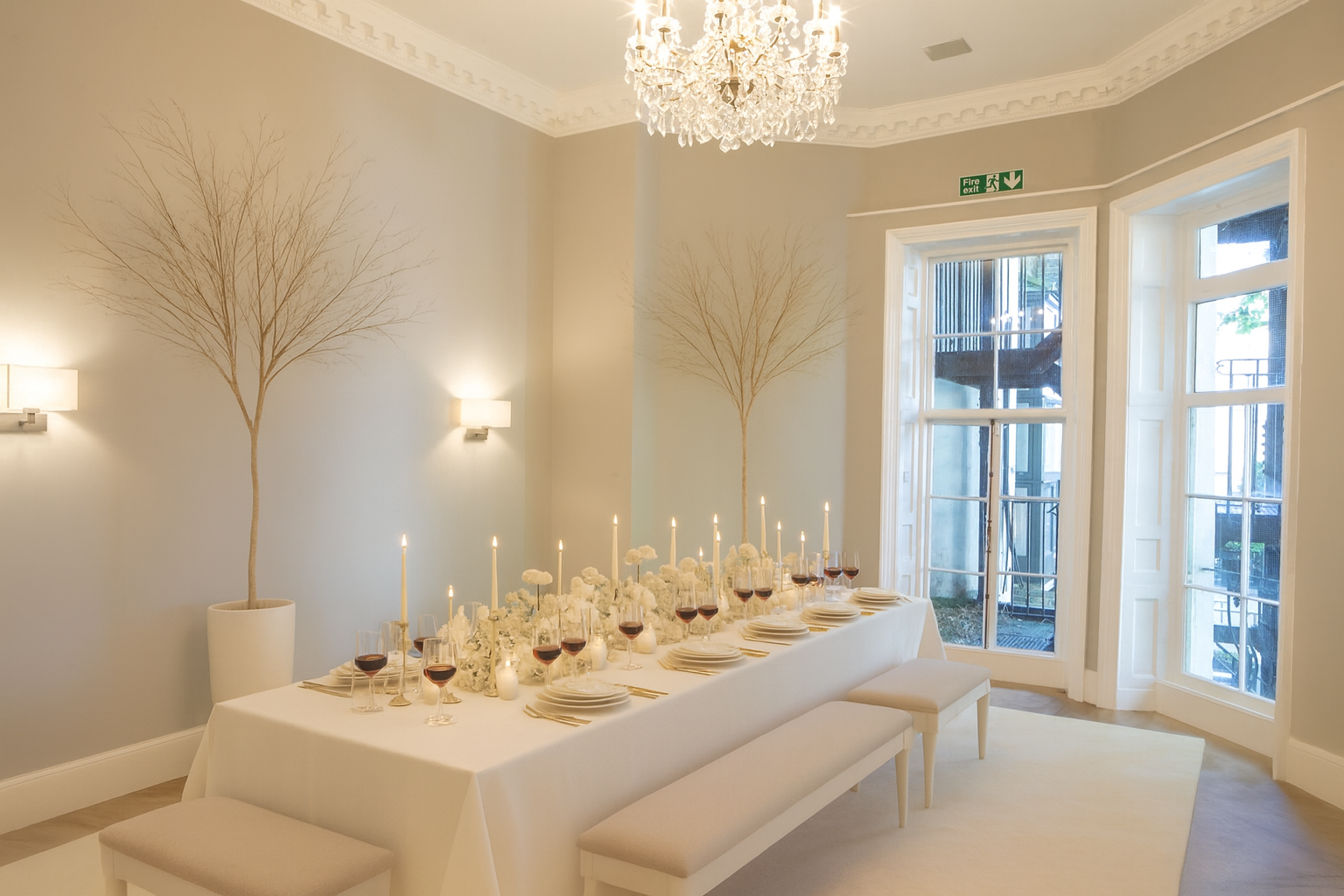 Monochromatic tablescape at 16 Curzon for corporate dinners and boutique weddings.