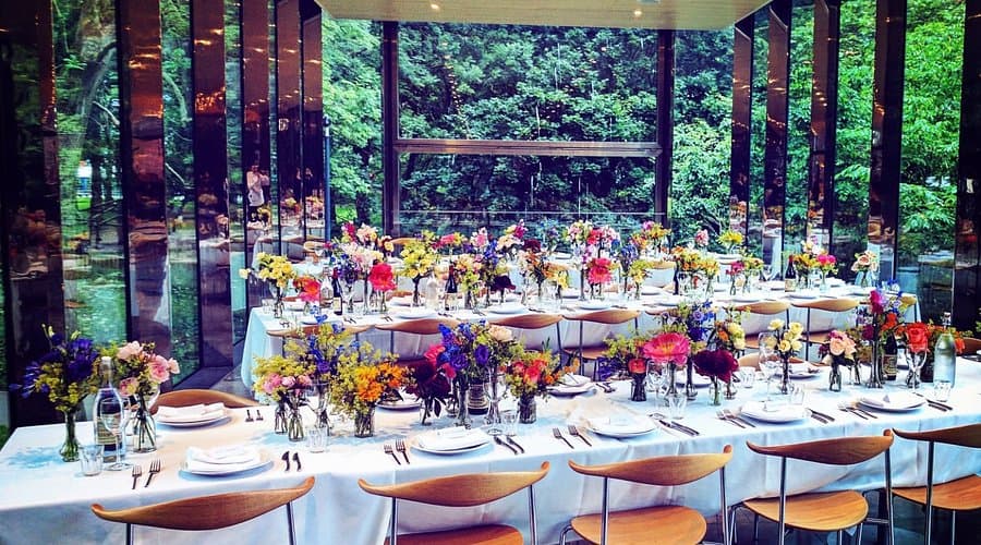 Biophilic tablescape at The Whitworth, perfect for an upscale corporate gala or banquet.