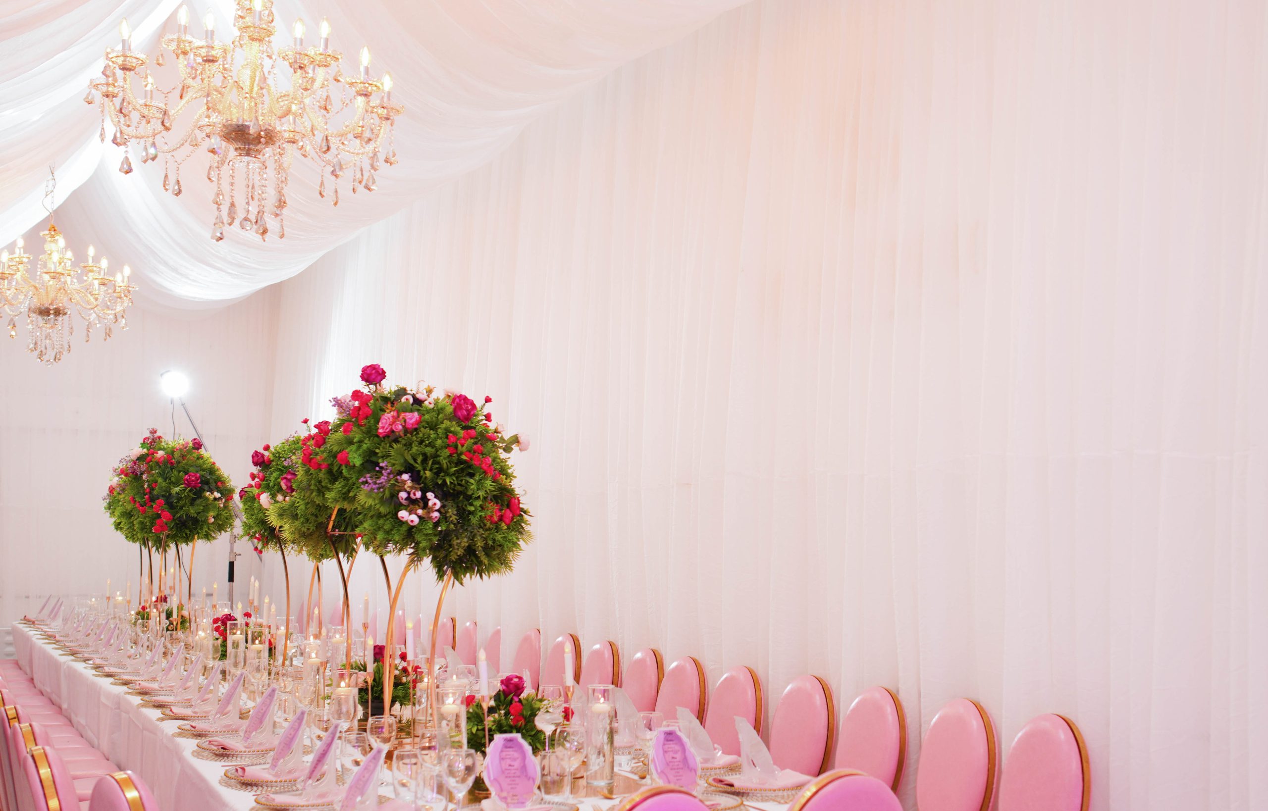 Elegant banquet hall with chandeliers for upscale events at Sky51Event.