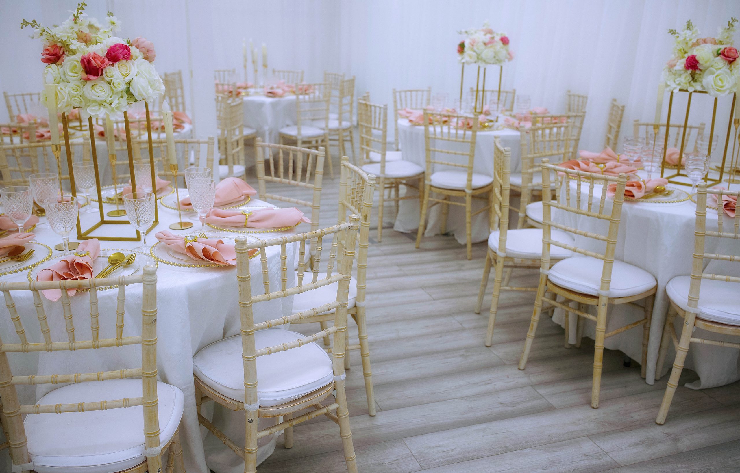 Elegant event room at Sky51Event with round tables, ideal for weddings and corporate gatherings.