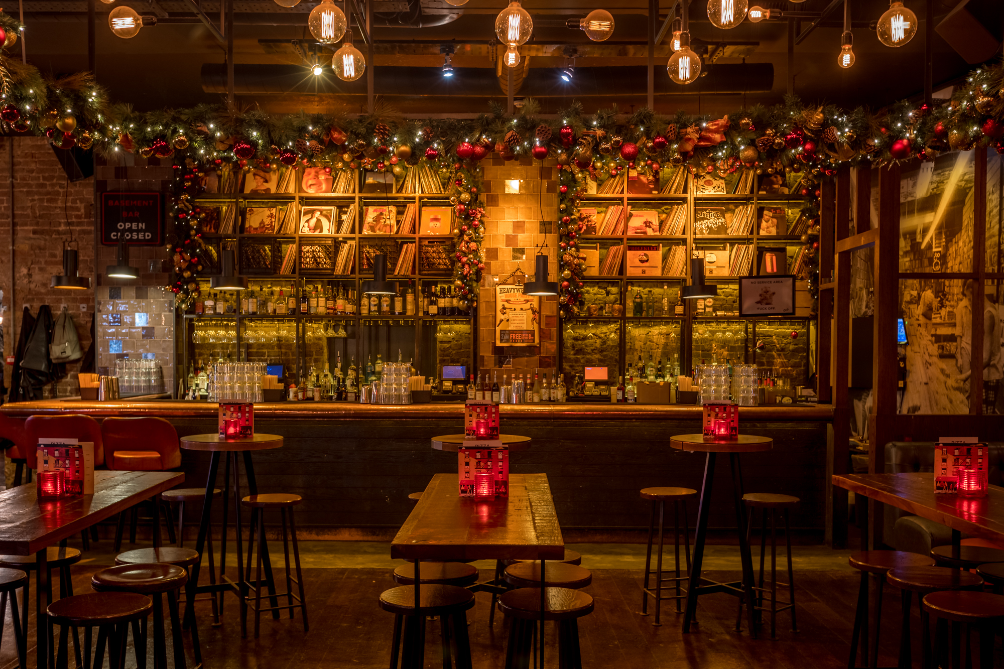 Ground Floor at Old Street Records, festive venue with string lights for holiday parties.