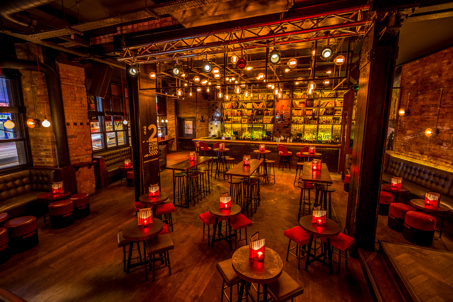 Stylish event space at Old Street Records with warm lighting for networking and gatherings.