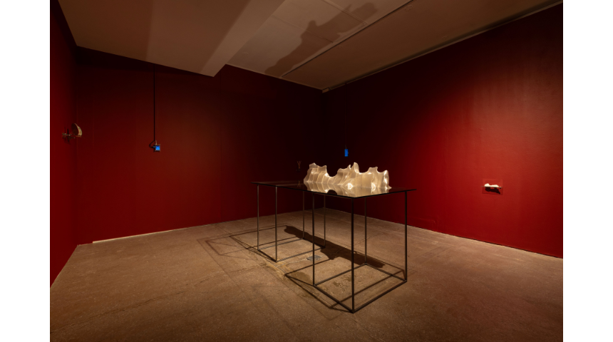 Minimalist event space with deep red wall, ideal for art exhibitions and workshops.