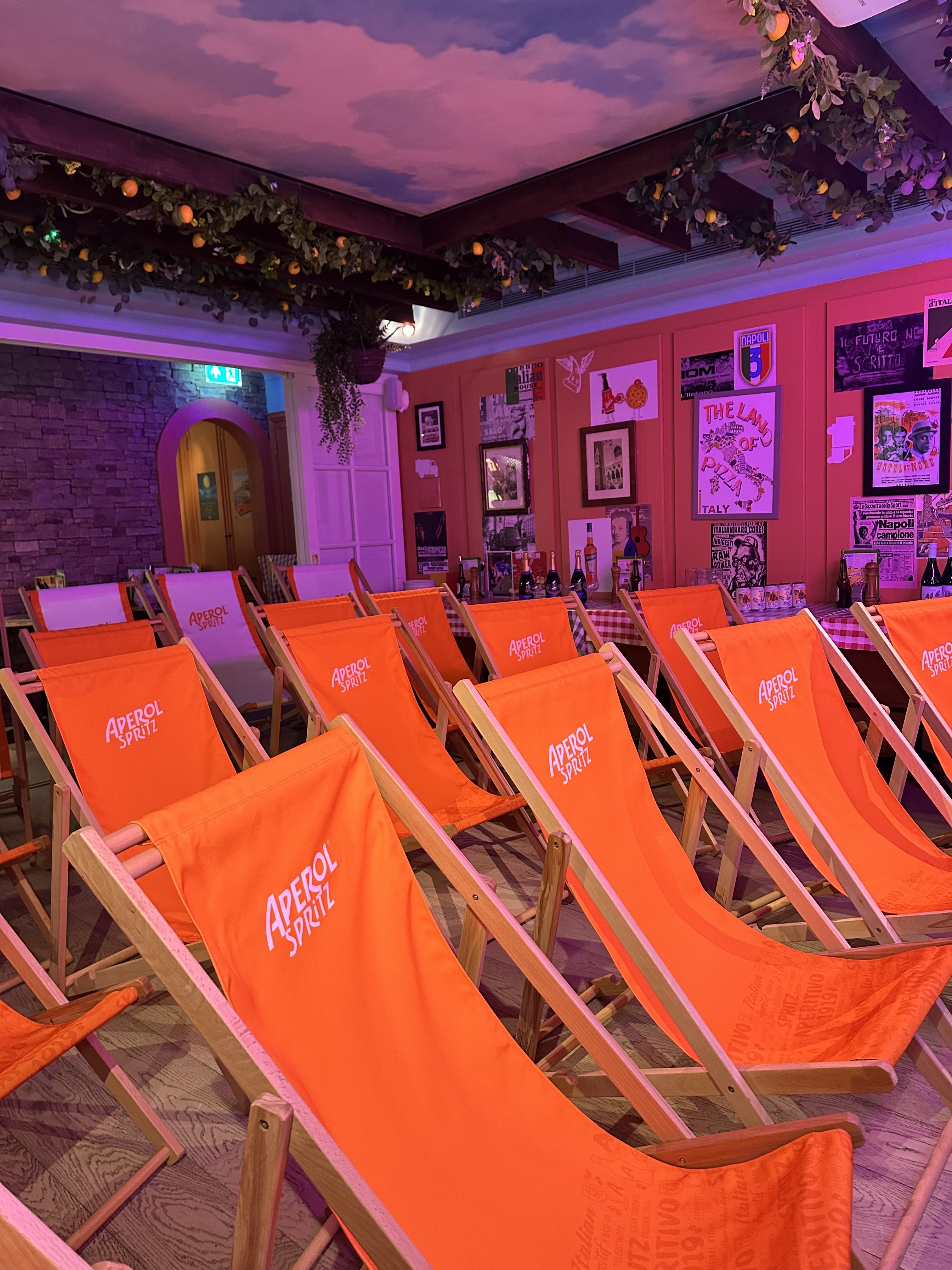 Aperol branded deck chairs at Cinema Paradiso Chelsea for casual event activations.