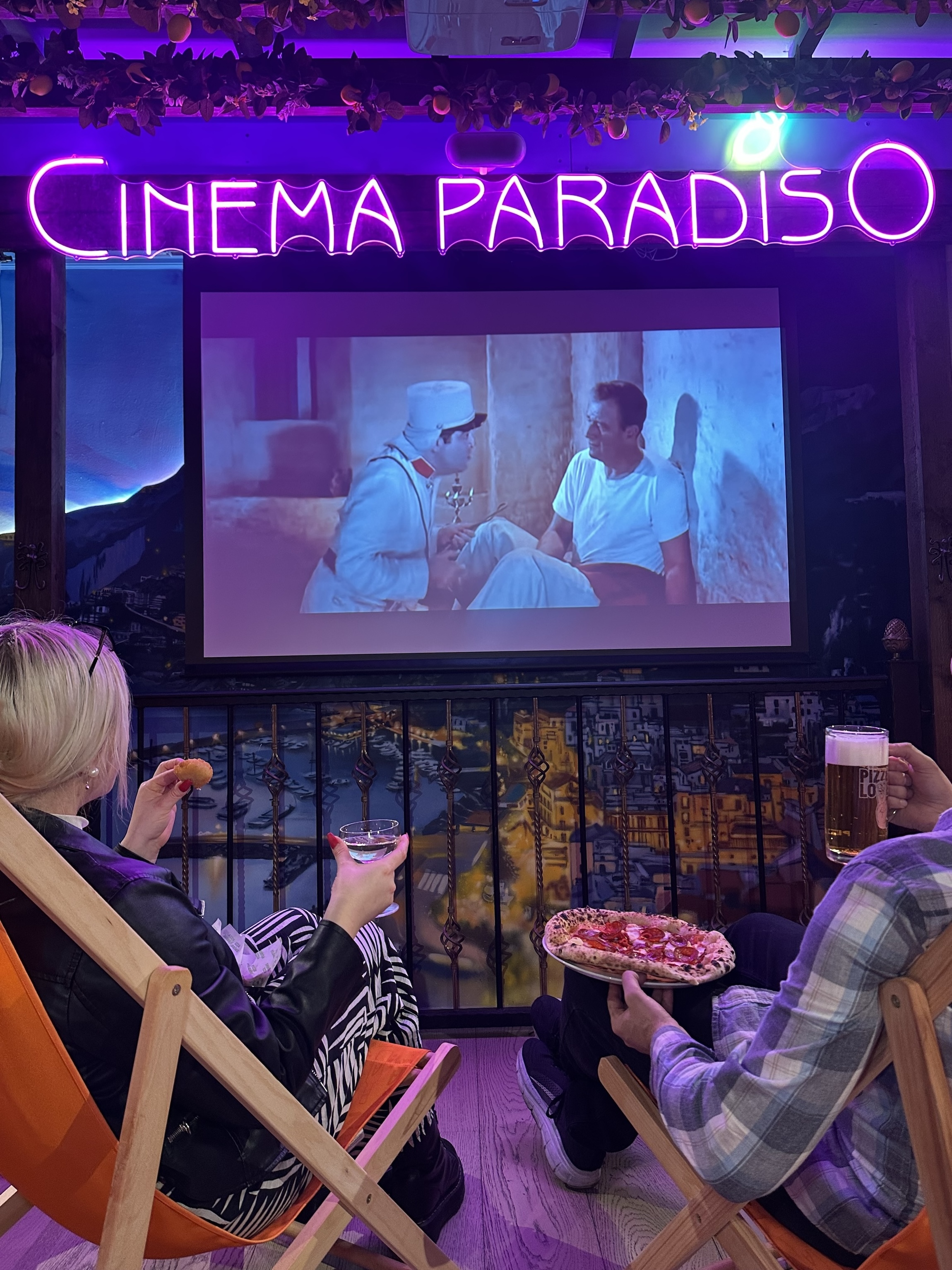 Cinema Paradiso private screening with immersive AV branding at Pizza Pilgrims Chelsea event venue.