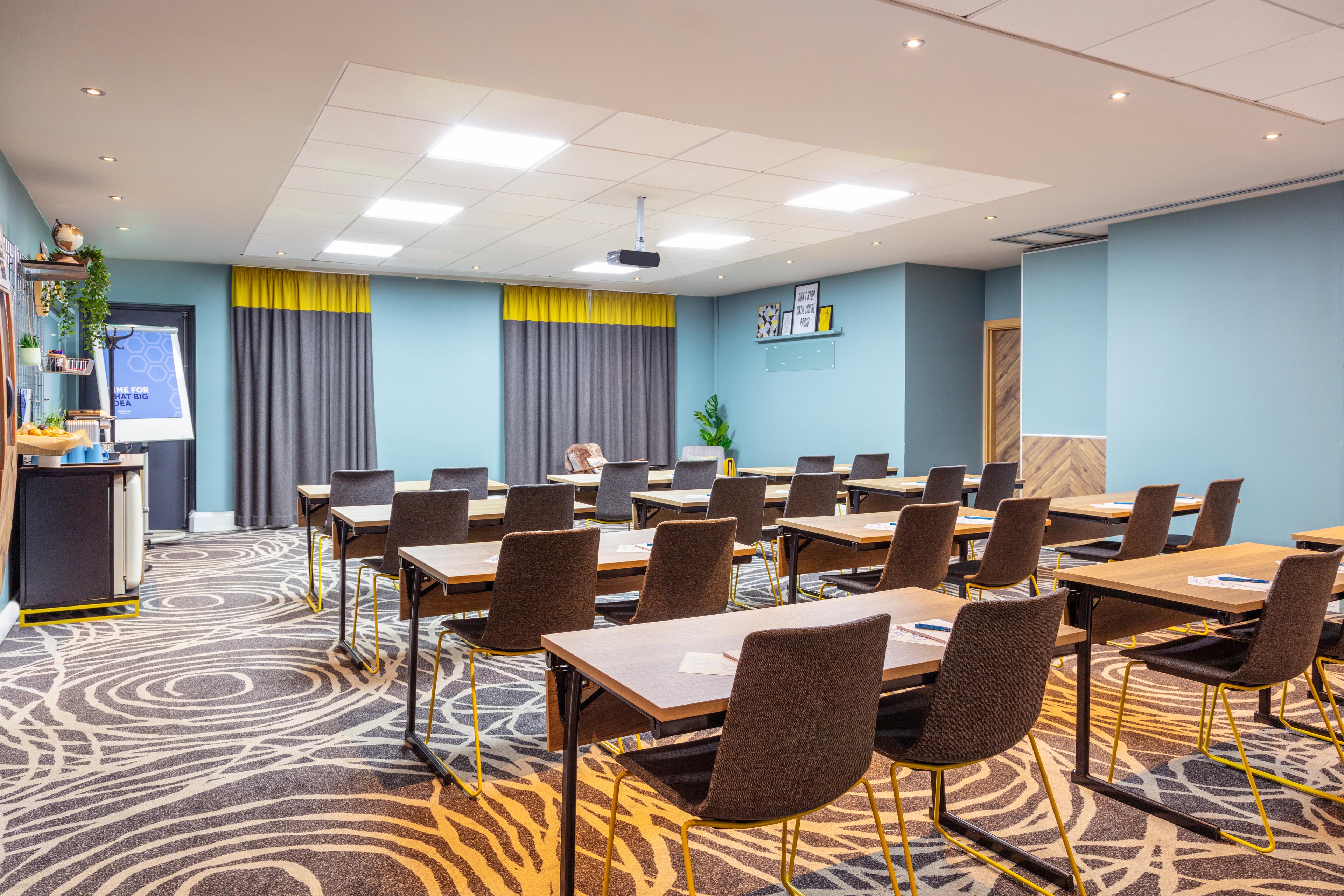 Classroom-style conference room at Novotel Edinburgh Centre for corporate training and workshops.