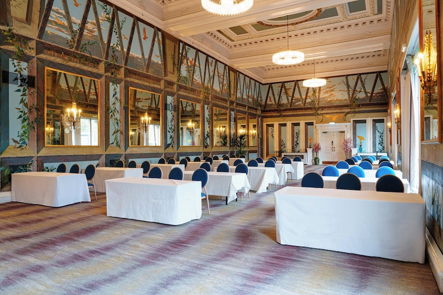 Hilton Edinburgh Carlton ballroom in classroom setup for corporate events and business meetings.