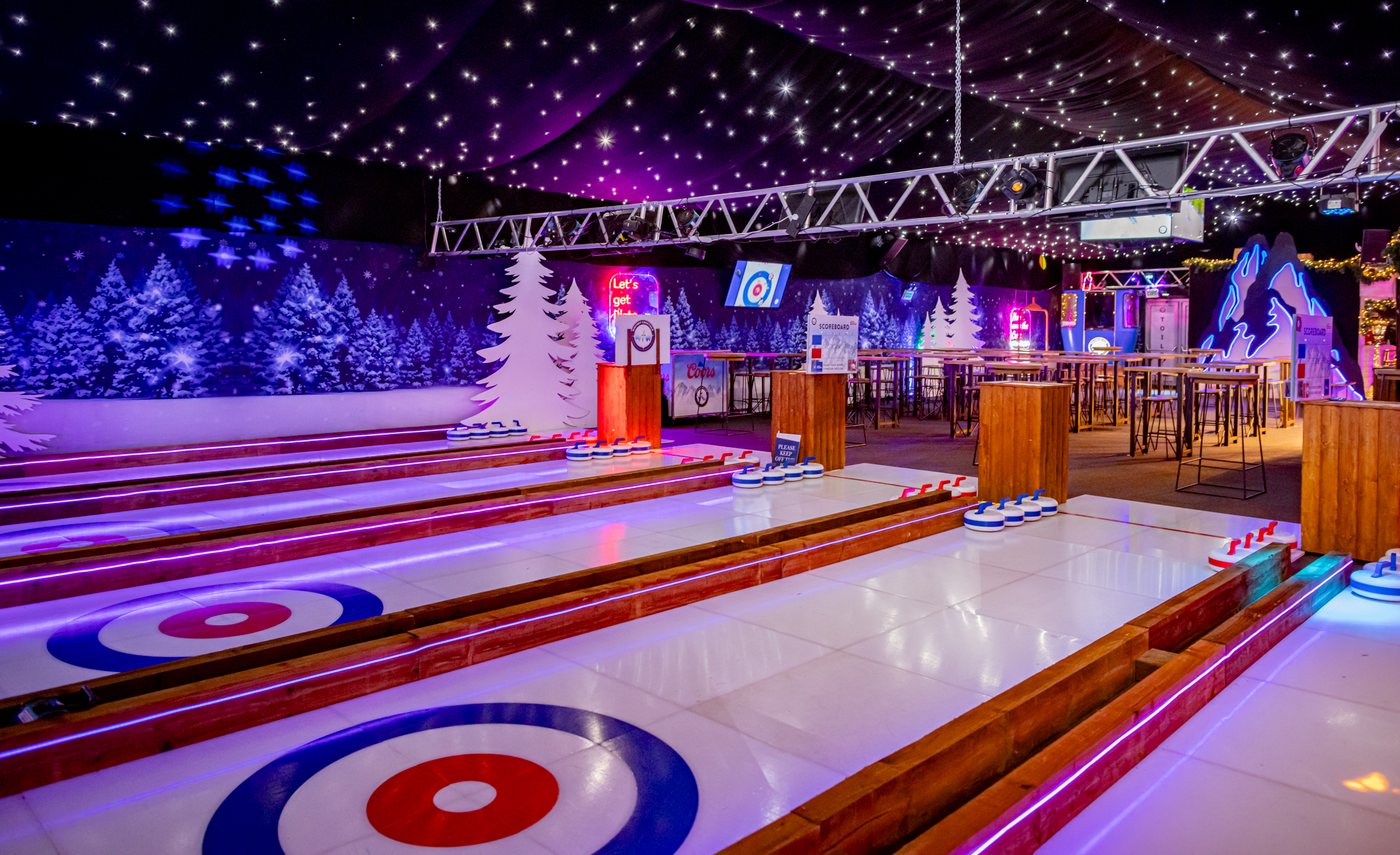 The Curling Club Manchester: winter-themed corporate event venue with shuffleboard lanes.