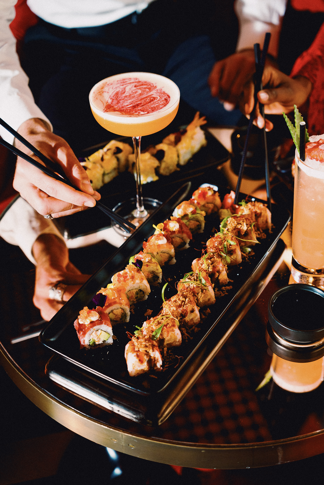 Elegant sushi rolls display at Thirteen London, ideal for networking events and upscale gatherings.