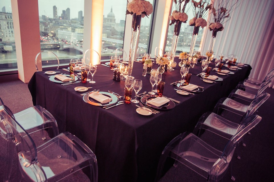 Elegant long table setup at Sea Containers Events for corporate gatherings and celebrations.