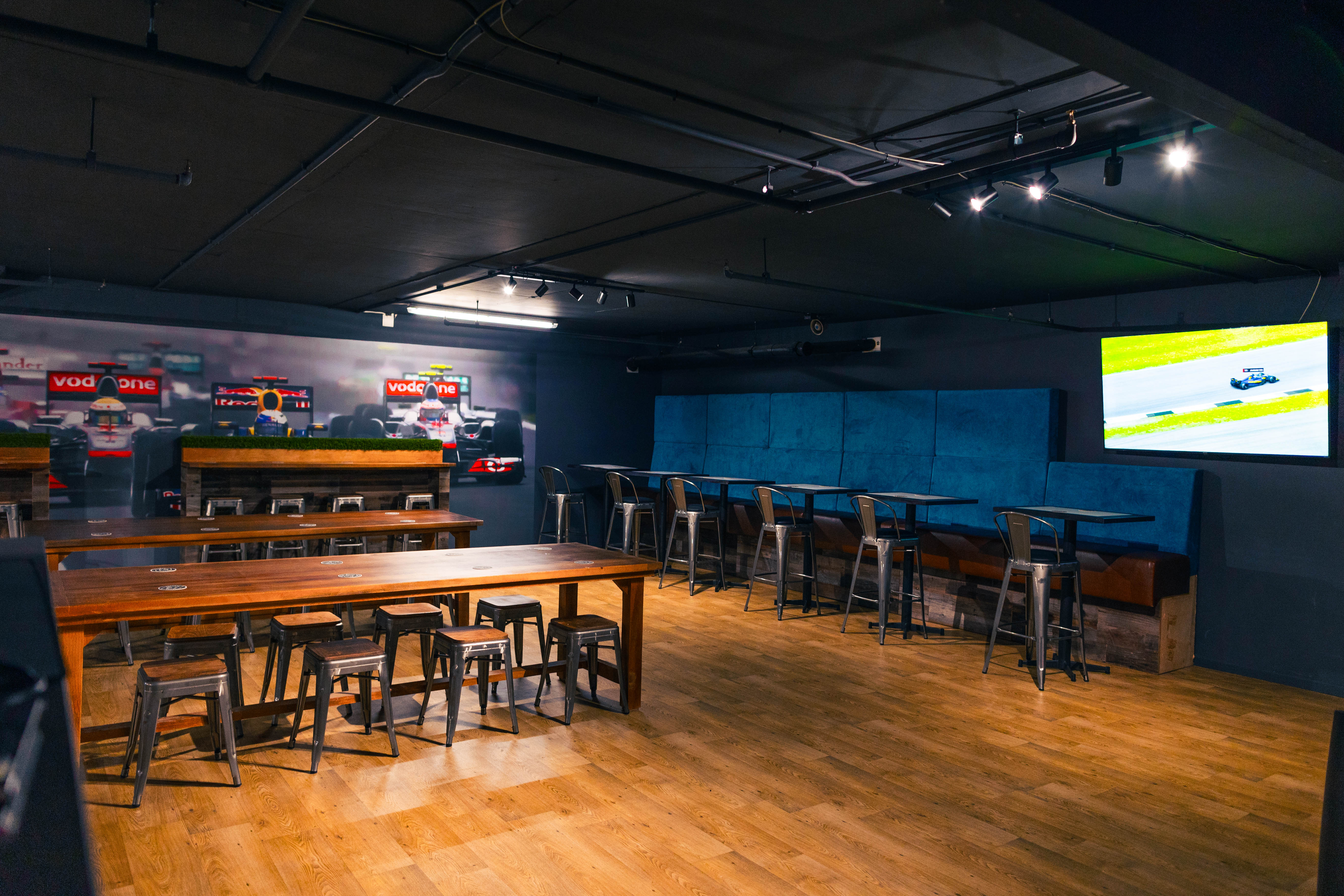 Race Lounge at K1 Speed Canary Wharf: modern event space for networking and team-building.
