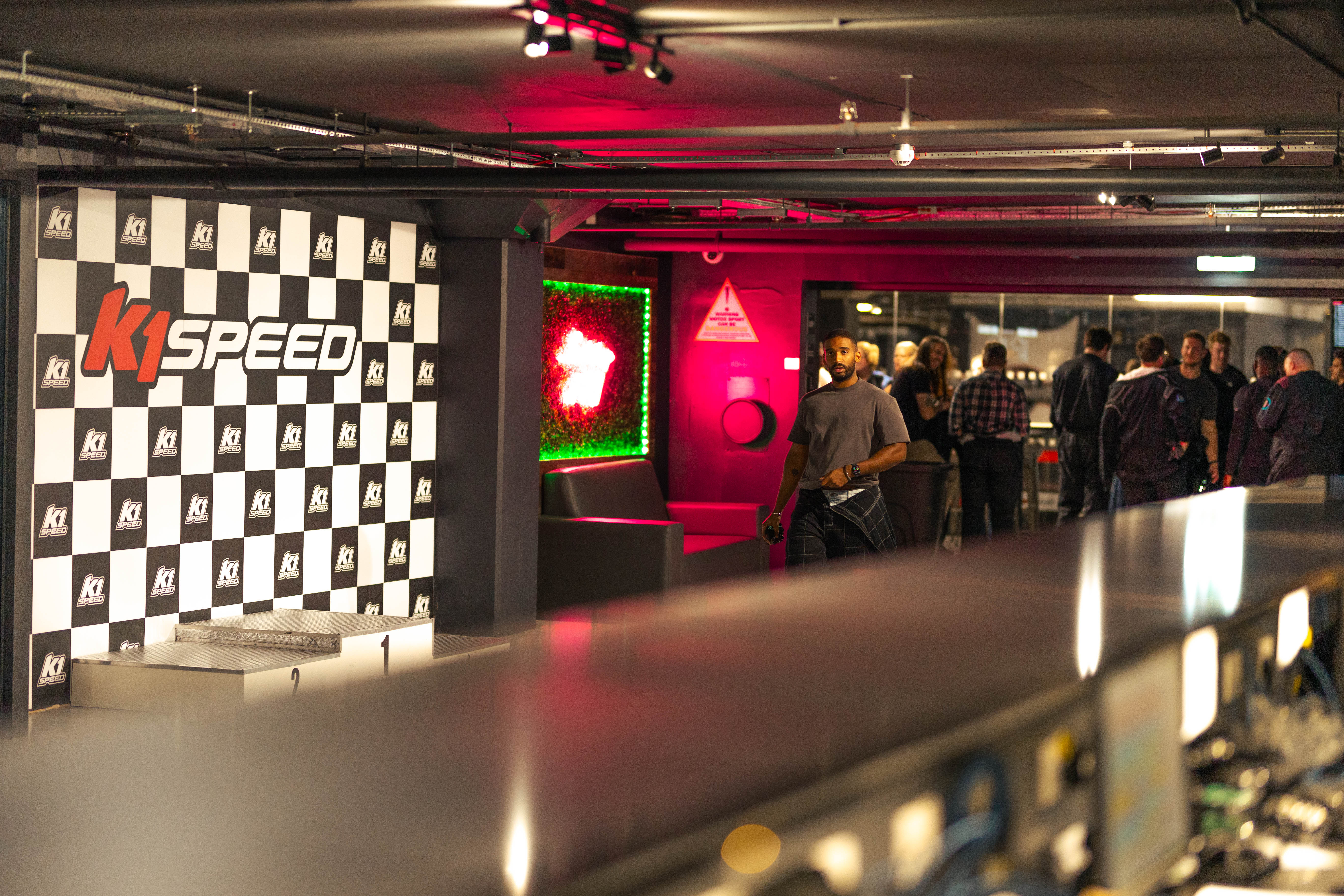 Vibrant Race Lounge at K1 Speed, ideal for corporate events and branding photos.