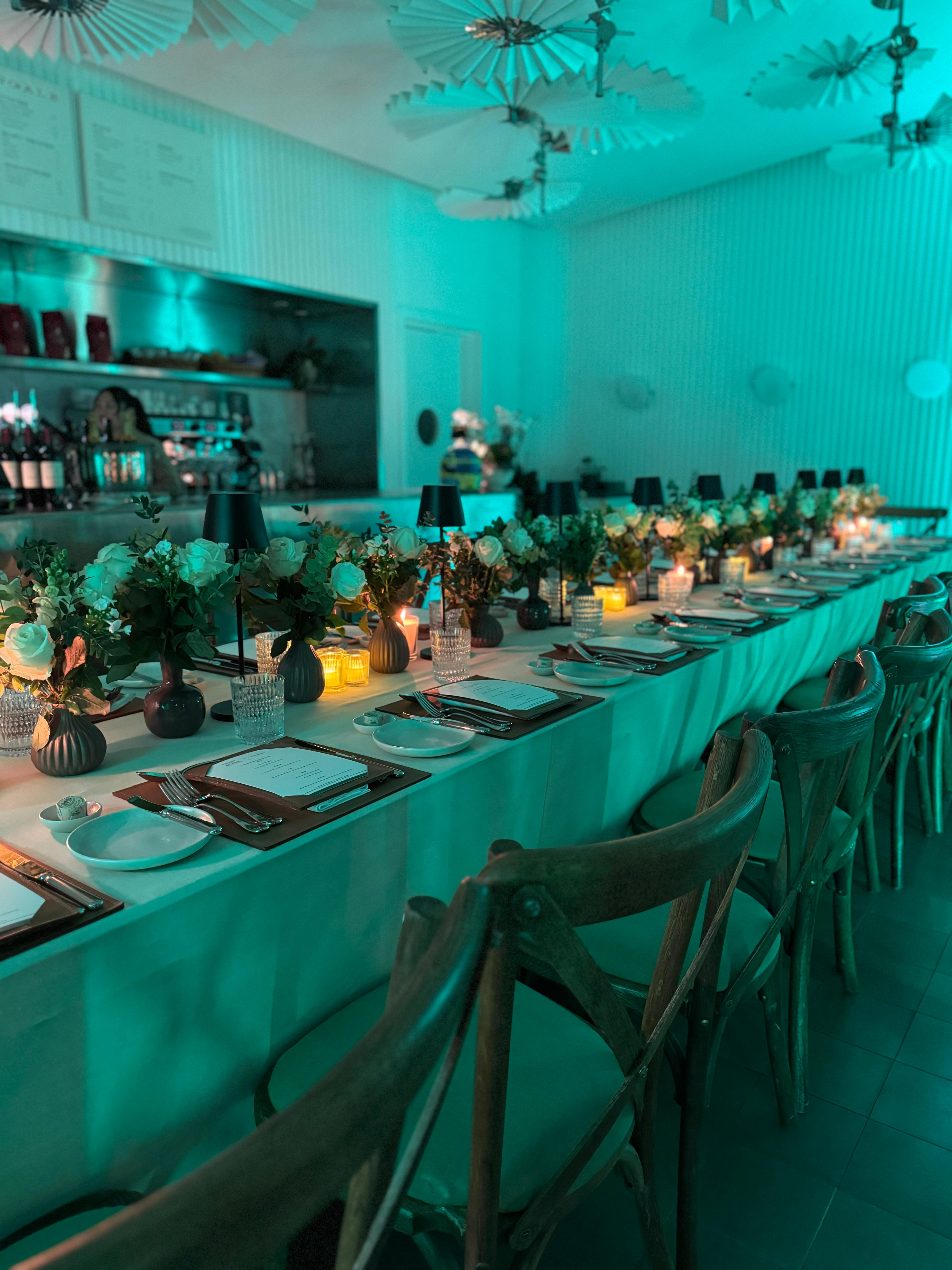 Elegant dining setup at Nightingale, 1 Hotel Mayfair for intimate gala events.