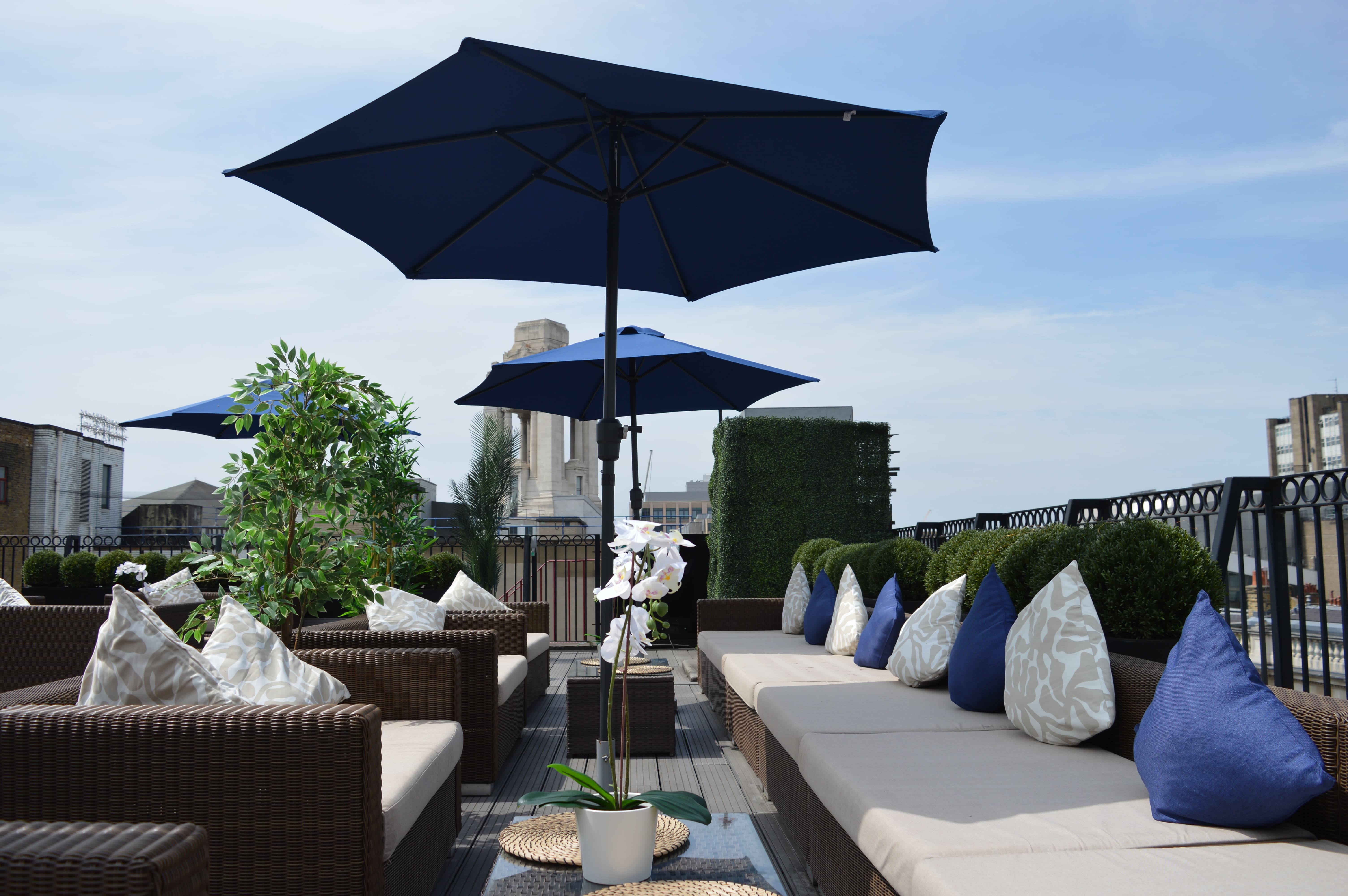 Grand Connaught Rooms rooftop terrace with modular lounge seating for networking and receptions.