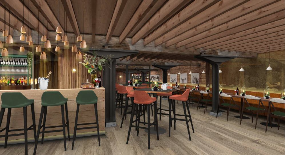 The Basement Bar at The Sipping Room: stylish venue for events with warm wood beams.