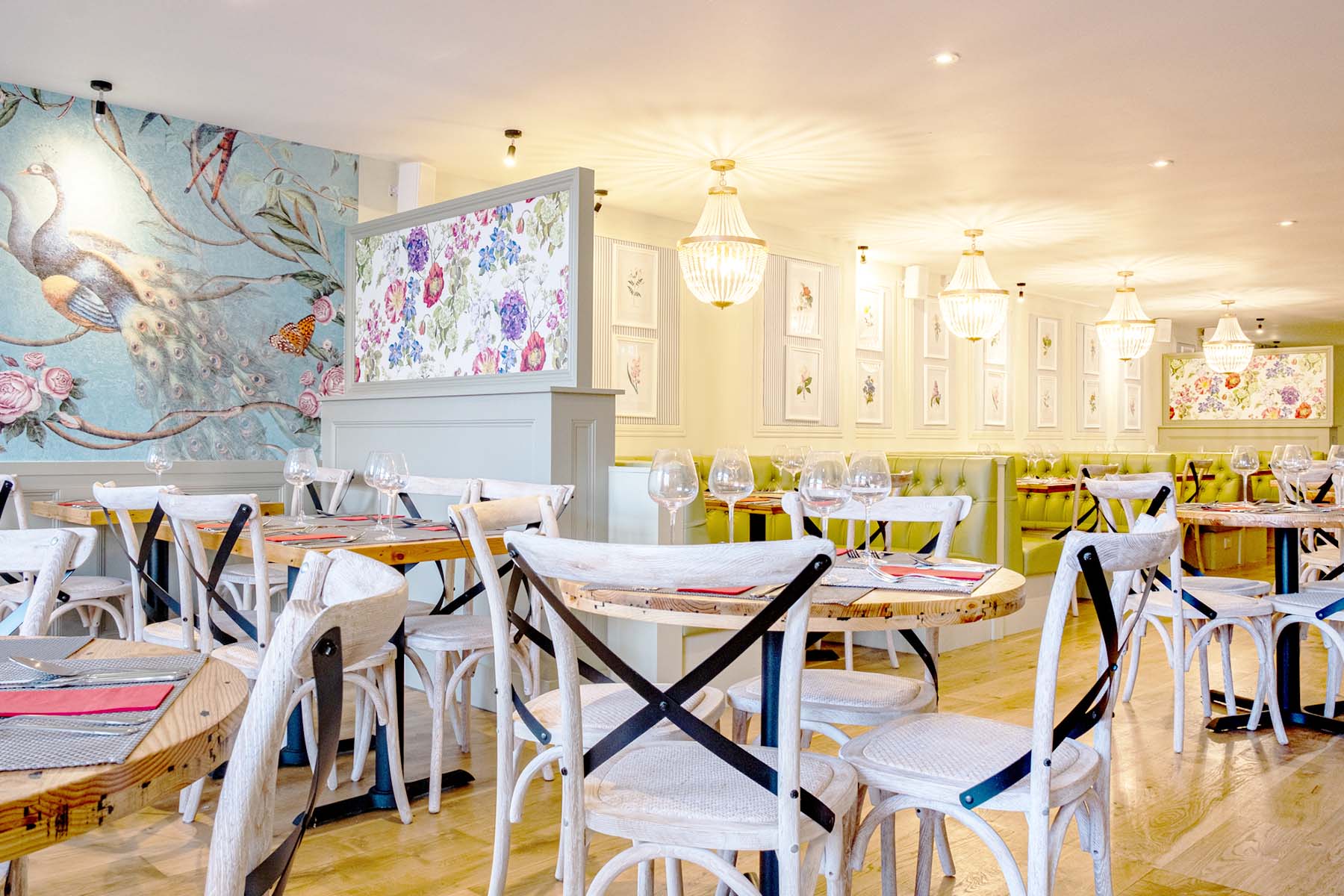 Giggling Squid Hornchurch: Chic floral interior for bridal shower or brunch event venue.