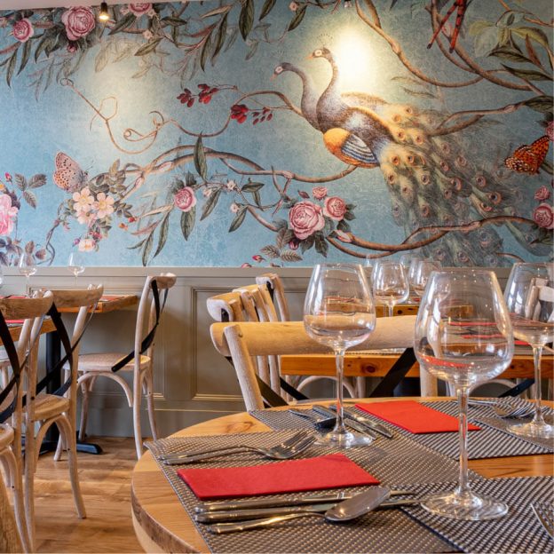 Giggling Squid Hornchurch: Bold wallpapered dining room for intimate private events.
