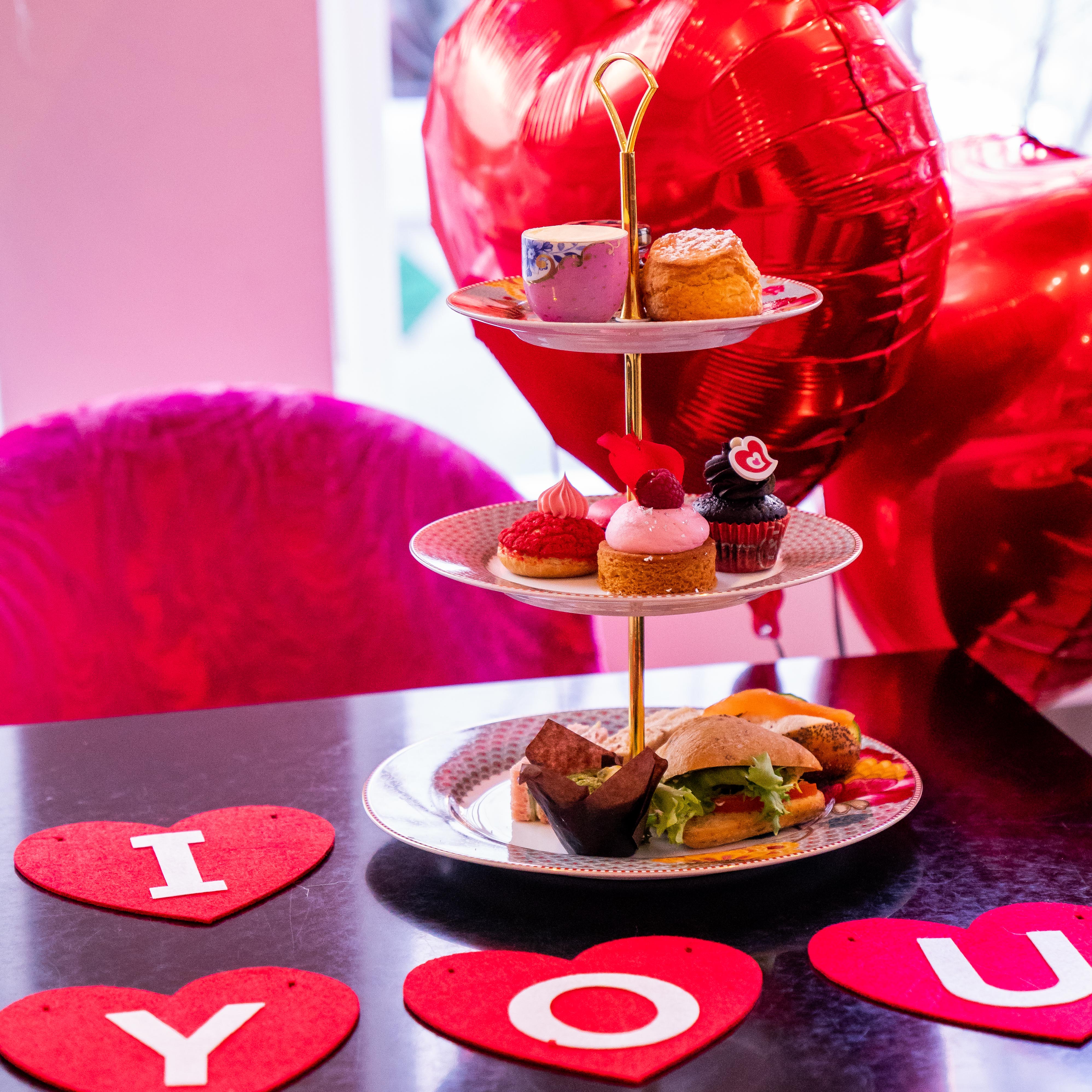 Brigit's Bakery Afternoon Tea Bus: Valentine’s Day themed table setup for brand events.