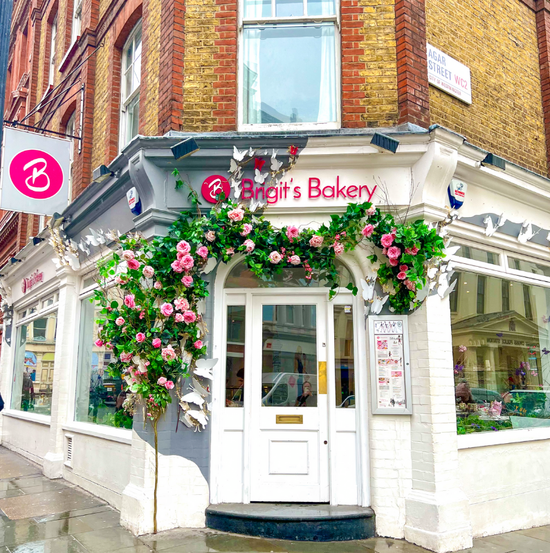 Brigit's Bakery floral bus entrance for boutique afternoon tea events and private gatherings.