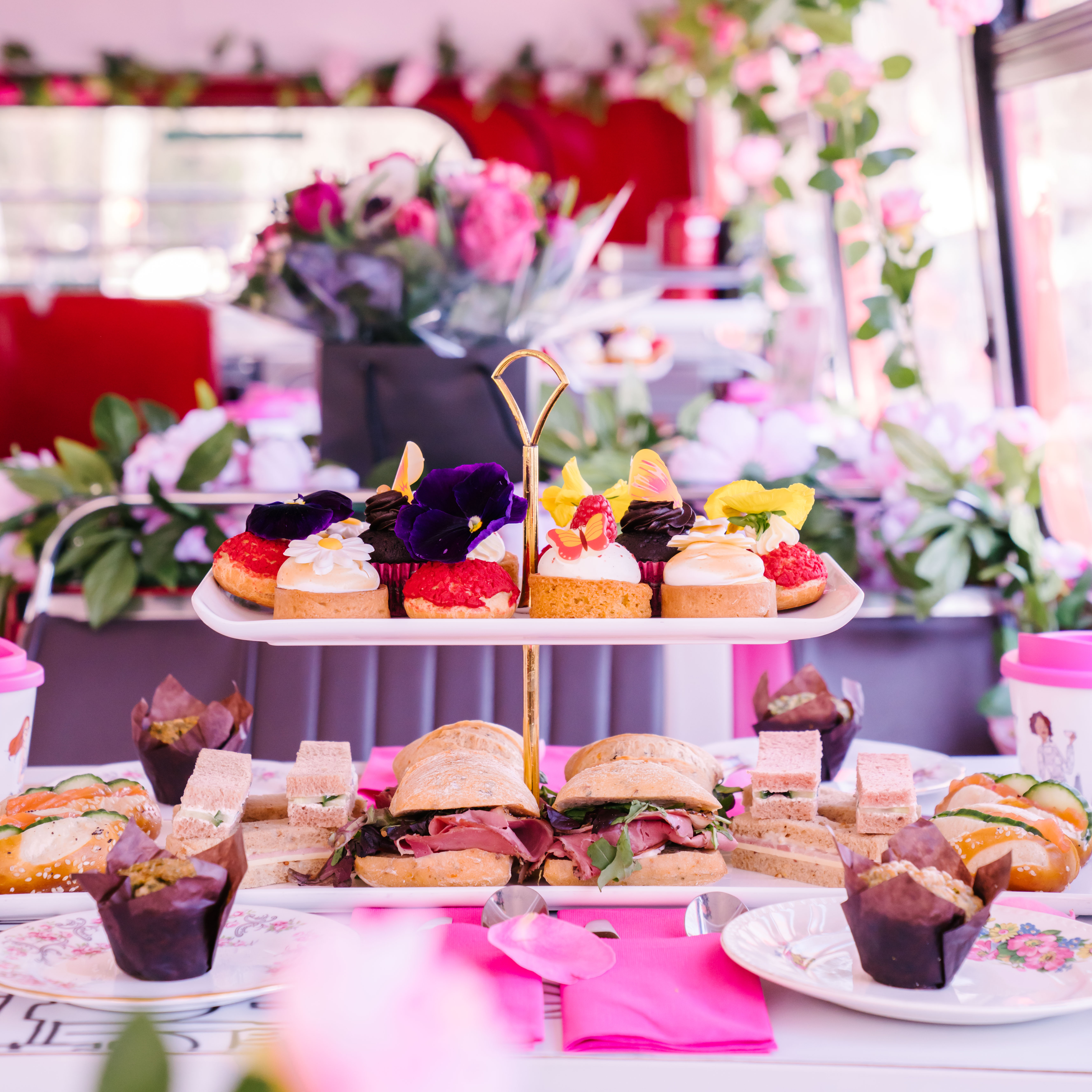 Brigit's Bakery afternoon tea bus with tiered canapés for upscale networking event.