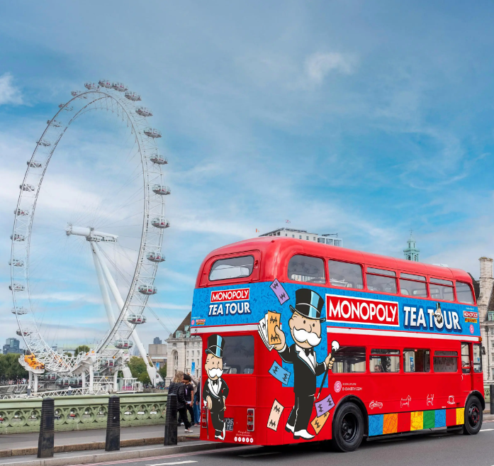 Monopoly Afternoon Tea Bus in London: experiential marketing event and sightseeing tour.