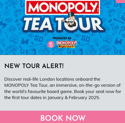 Monopoly-branded Brigit’s Afternoon Tea bus tour: immersive experiential marketing event.
