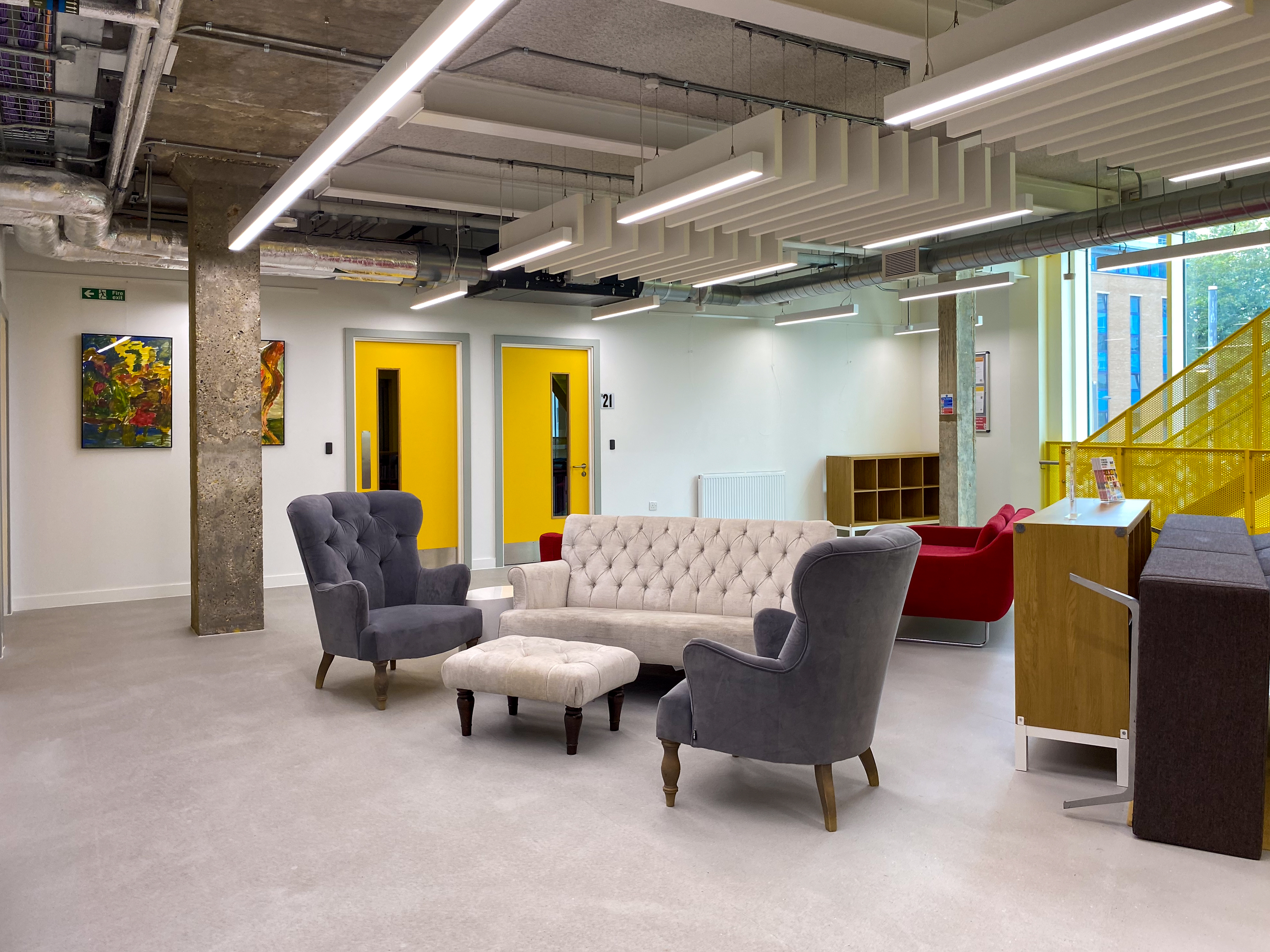 Modern lounge area in Mary Ward Centre for informal meetings and networking events.